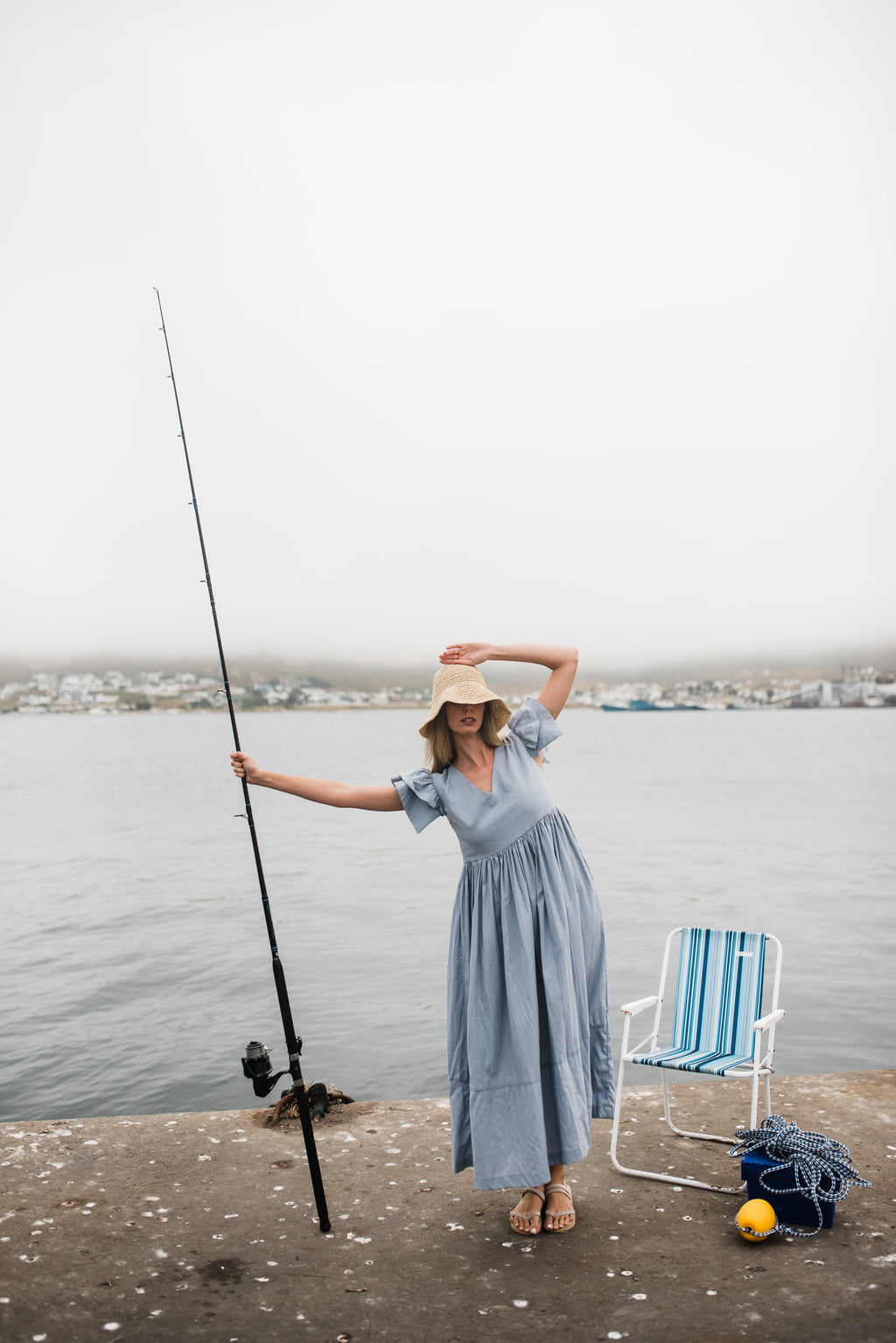 Morning Tide Frill Sleeve Dress — Misty blue Cotton Linen