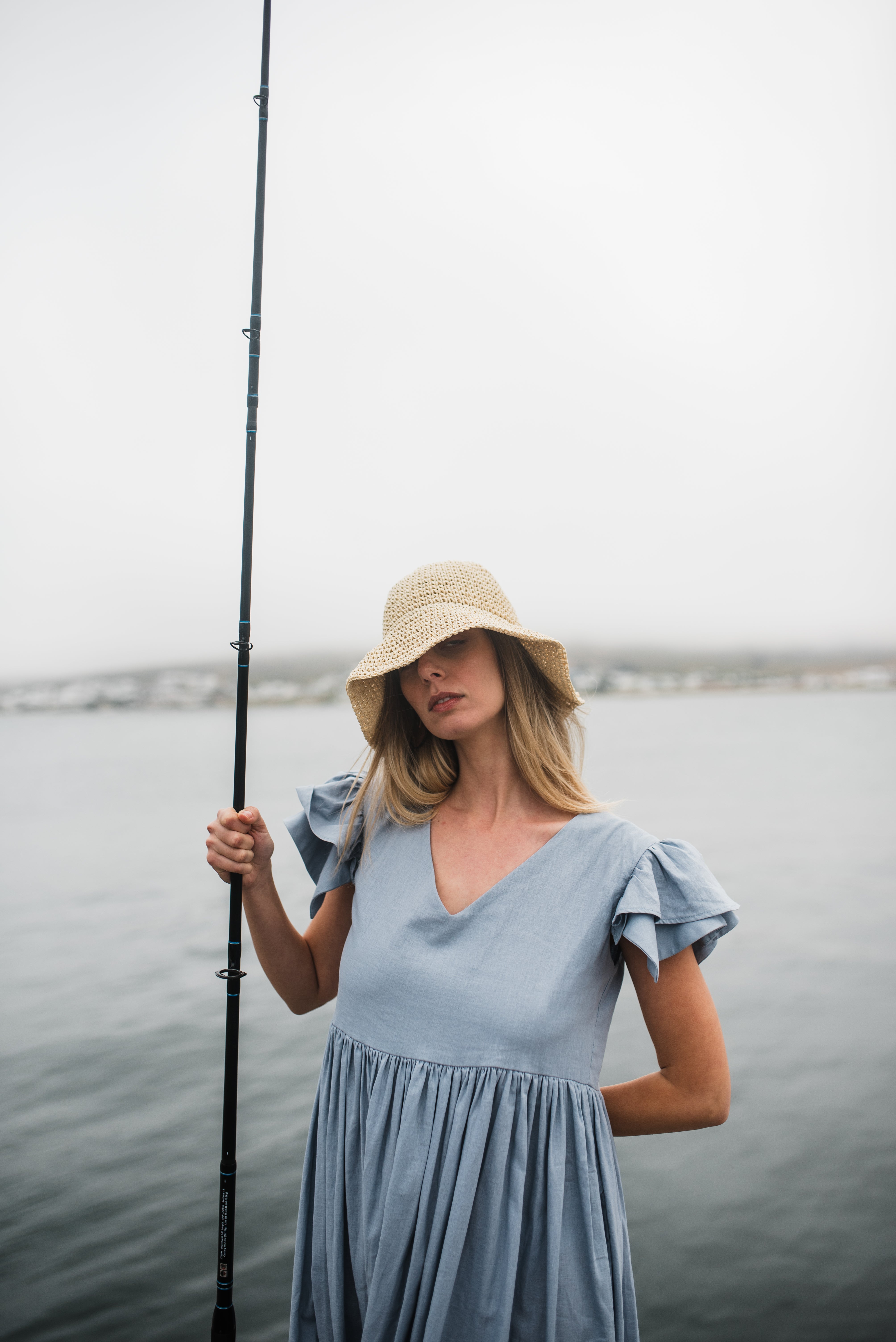 Morning Tide Frill Sleeve Dress — Misty blue Cotton Linen