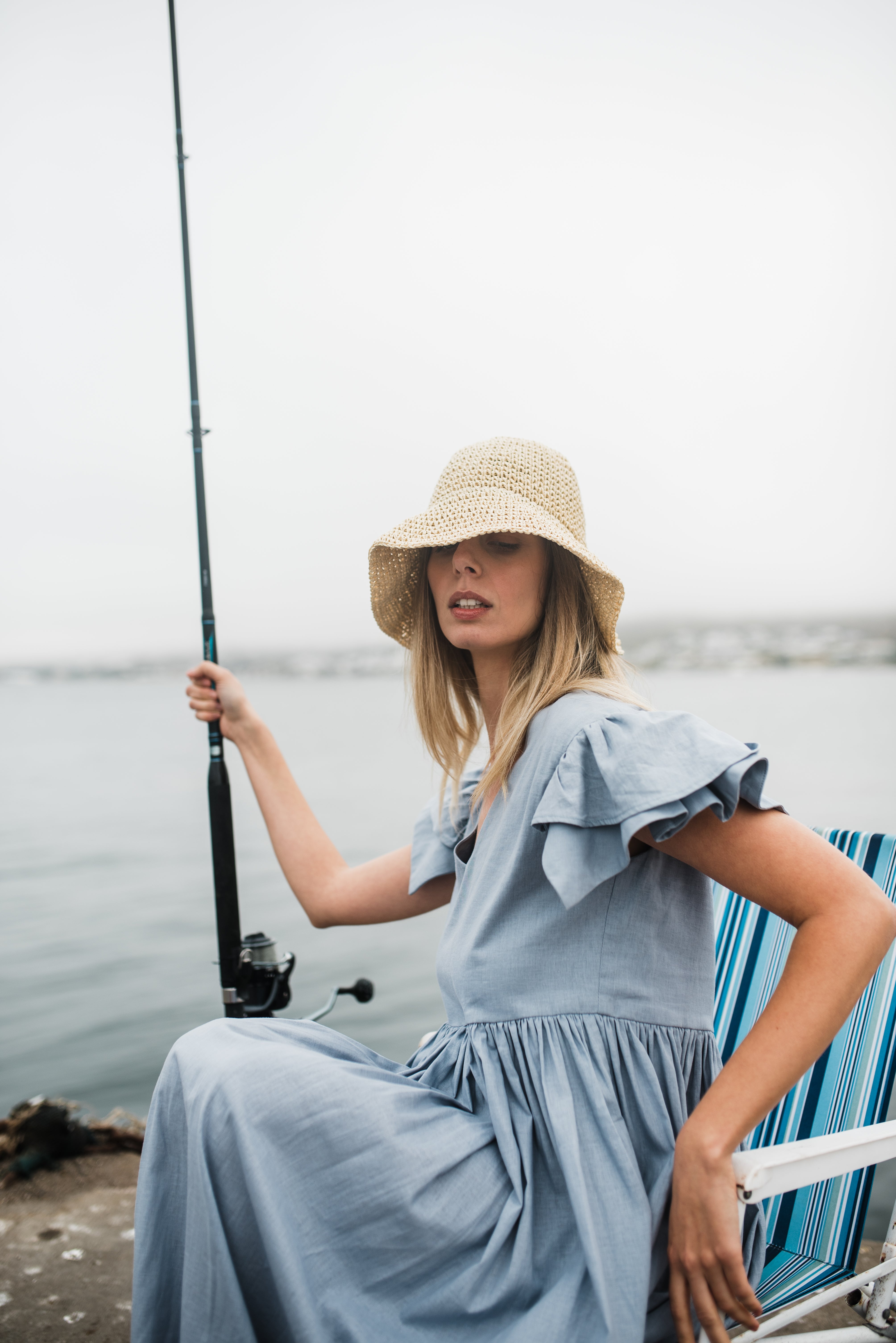 Morning Tide Frill Sleeve Dress — Misty blue Cotton Linen