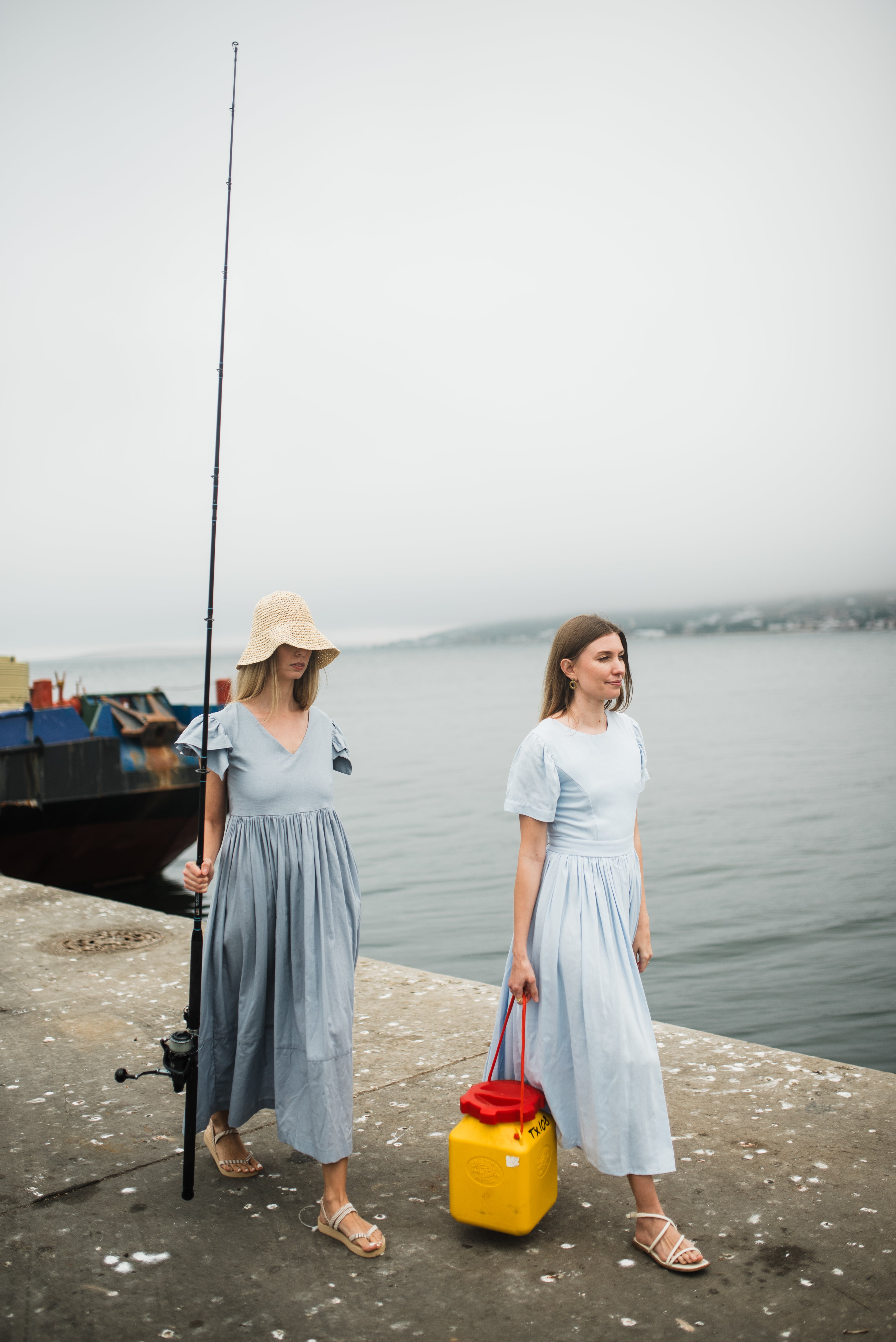 Blue Haze Closed Back Dress — Cool Blue with Oatmeal Tie