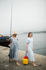 Blue Haze Closed Back Dress — Cool Blue with Oatmeal Tie