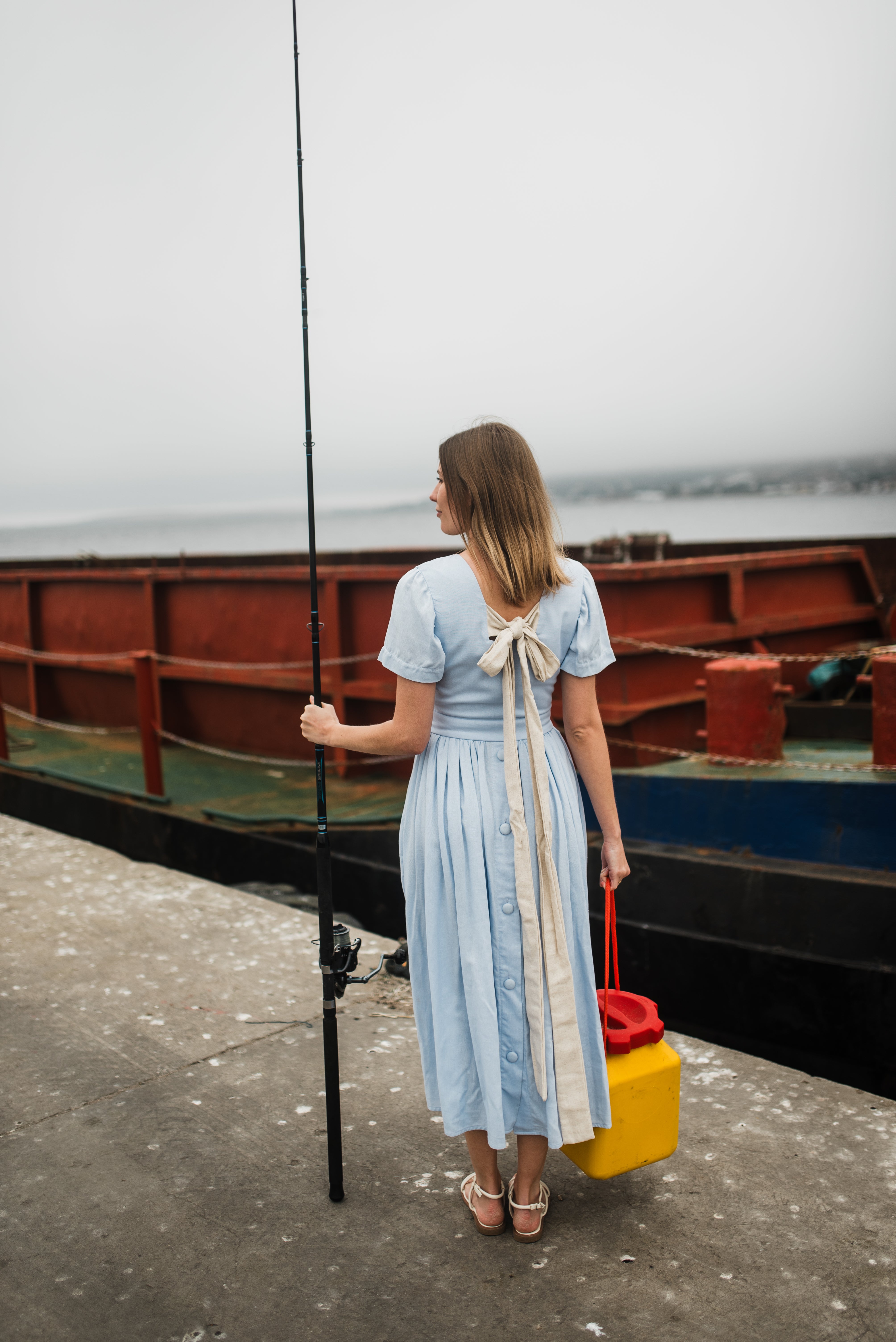 Blue Haze Closed Back Dress — Cool Blue with Oatmeal Tie