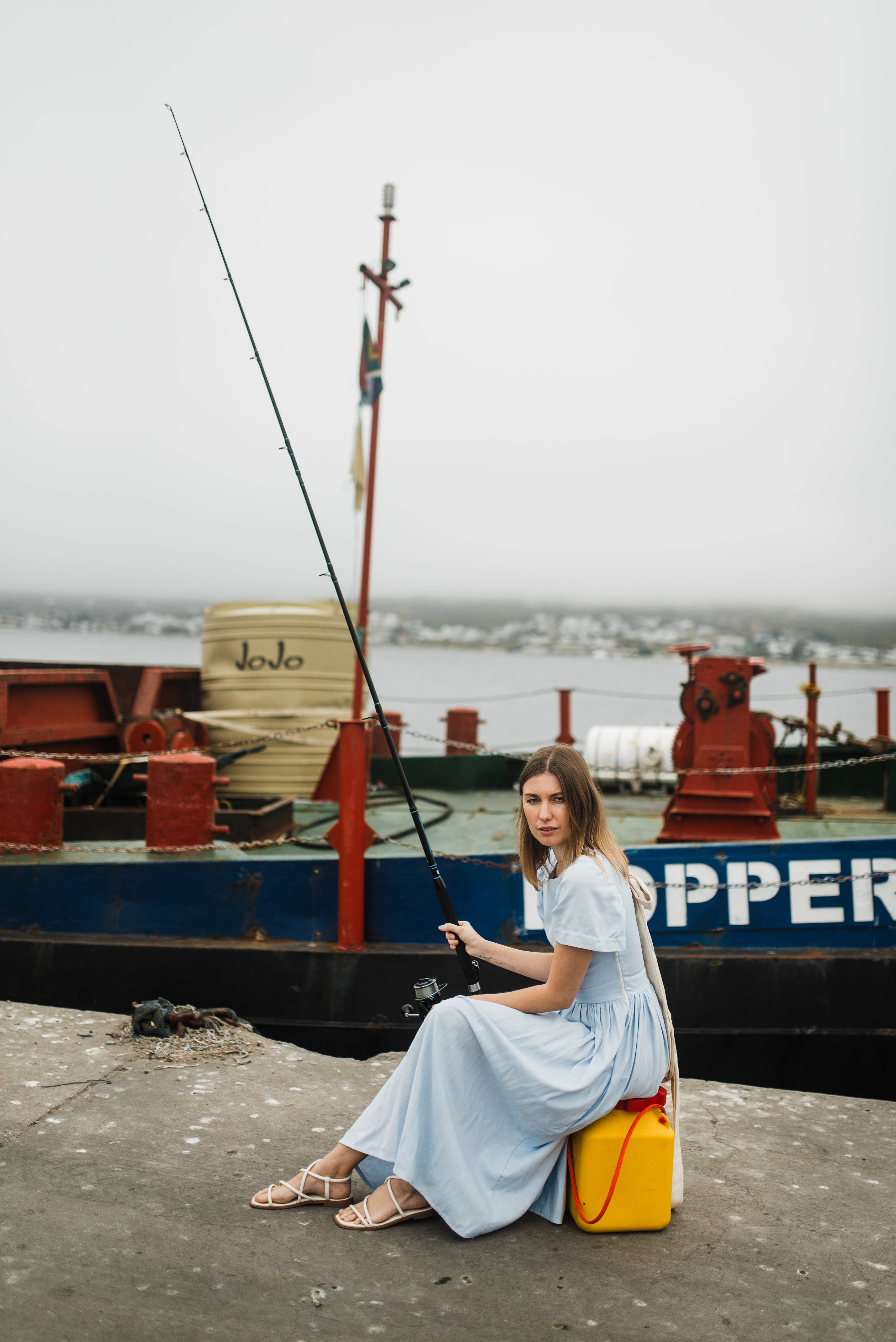 Blue Haze Closed Back Dress — Cool Blue with Oatmeal Tie