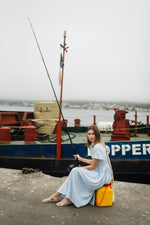 Blue Haze Closed Back Dress — Cool Blue with Oatmeal Tie