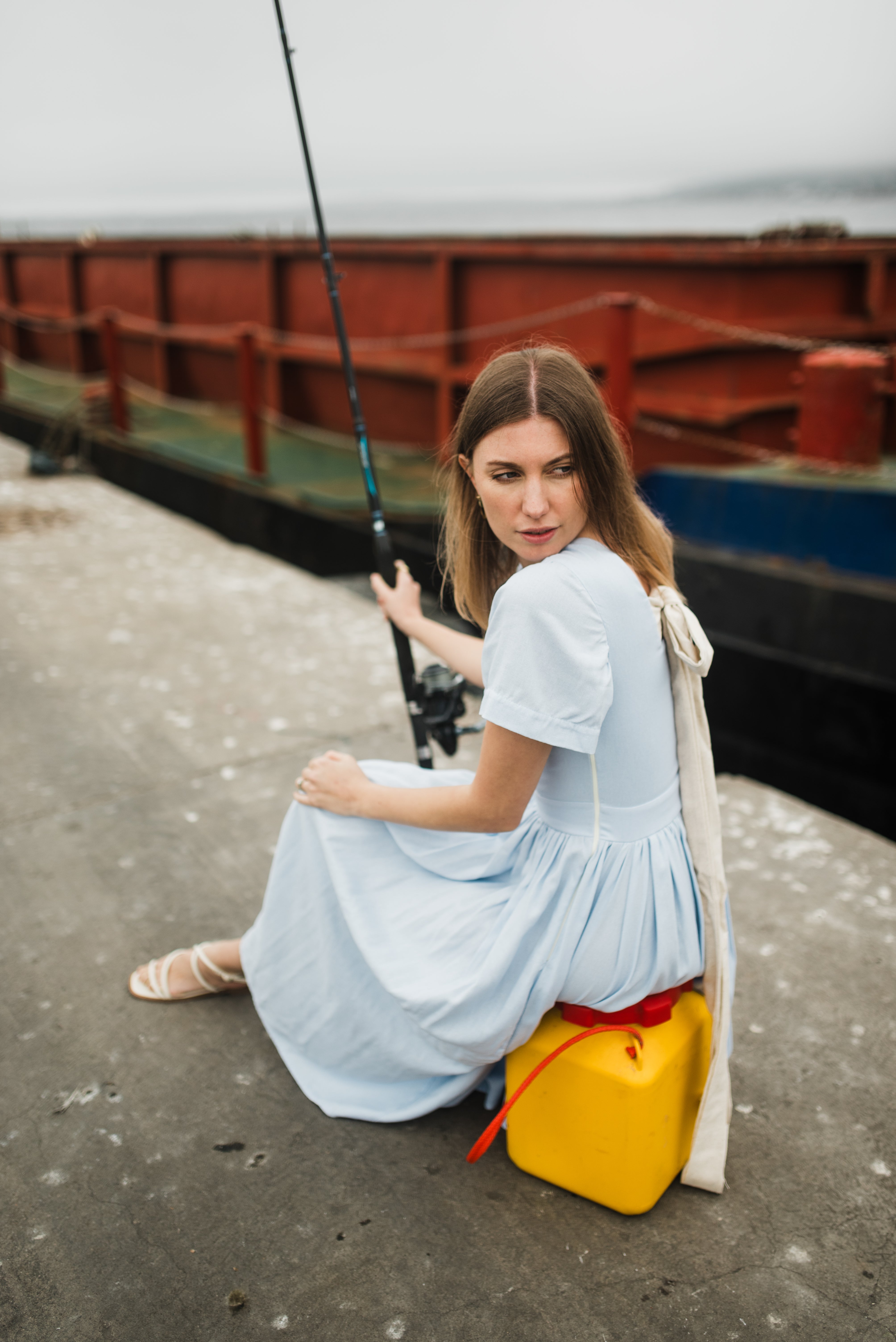 Blue Haze Closed Back Dress — Cool Blue with Oatmeal Tie