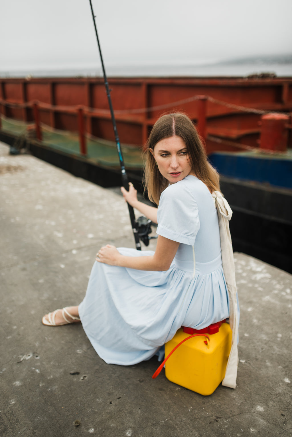 Blue Haze Closed Back Dress — Cool Blue with Oatmeal Tie