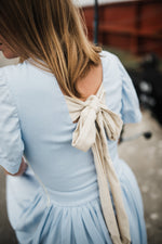 Blue Haze Closed Back Dress — Cool Blue with Oatmeal Tie