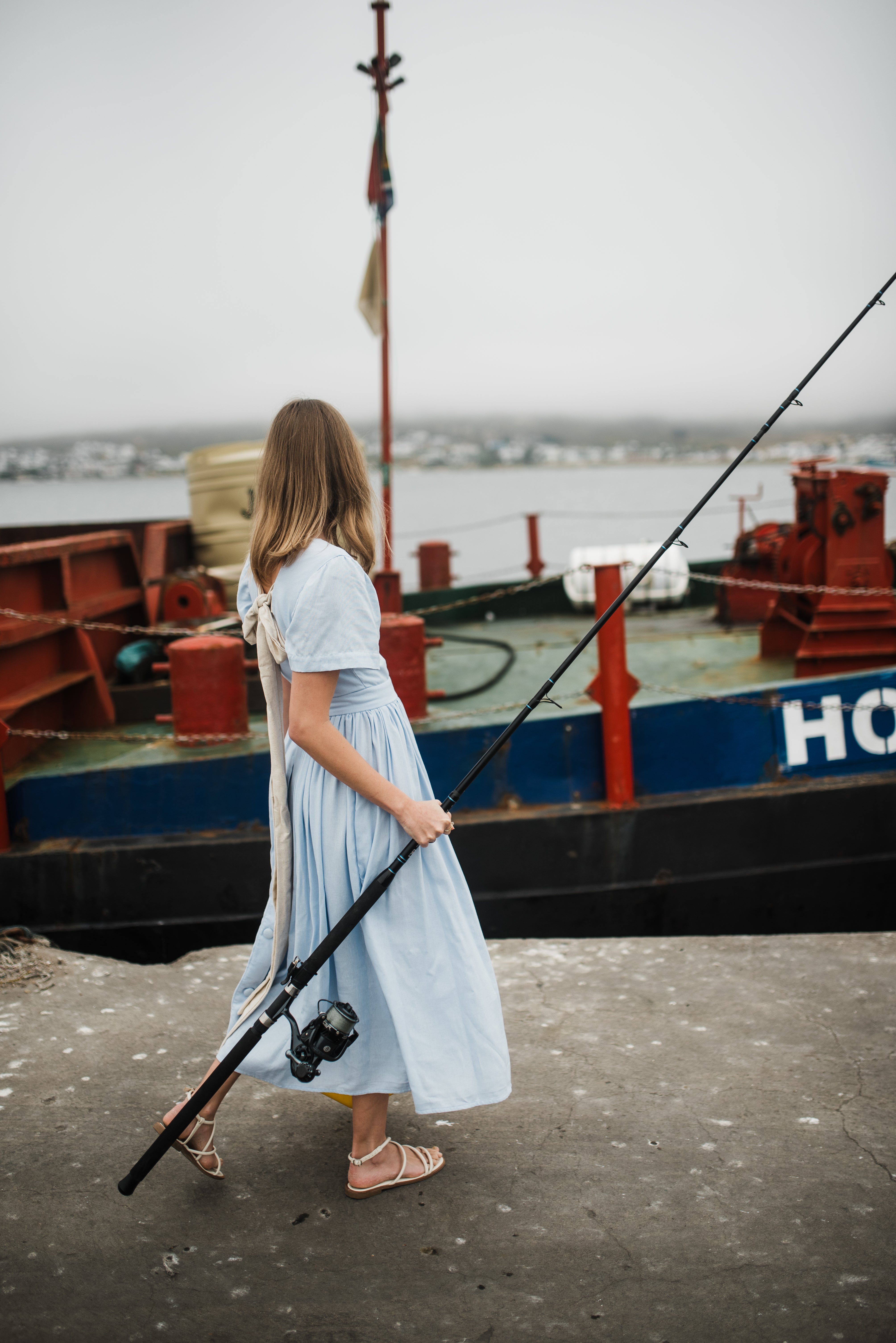 Blue Haze Closed Back Dress — Cool Blue with Oatmeal Tie