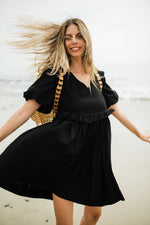 Midnight Bloom Puff Sleeve Dress — Black