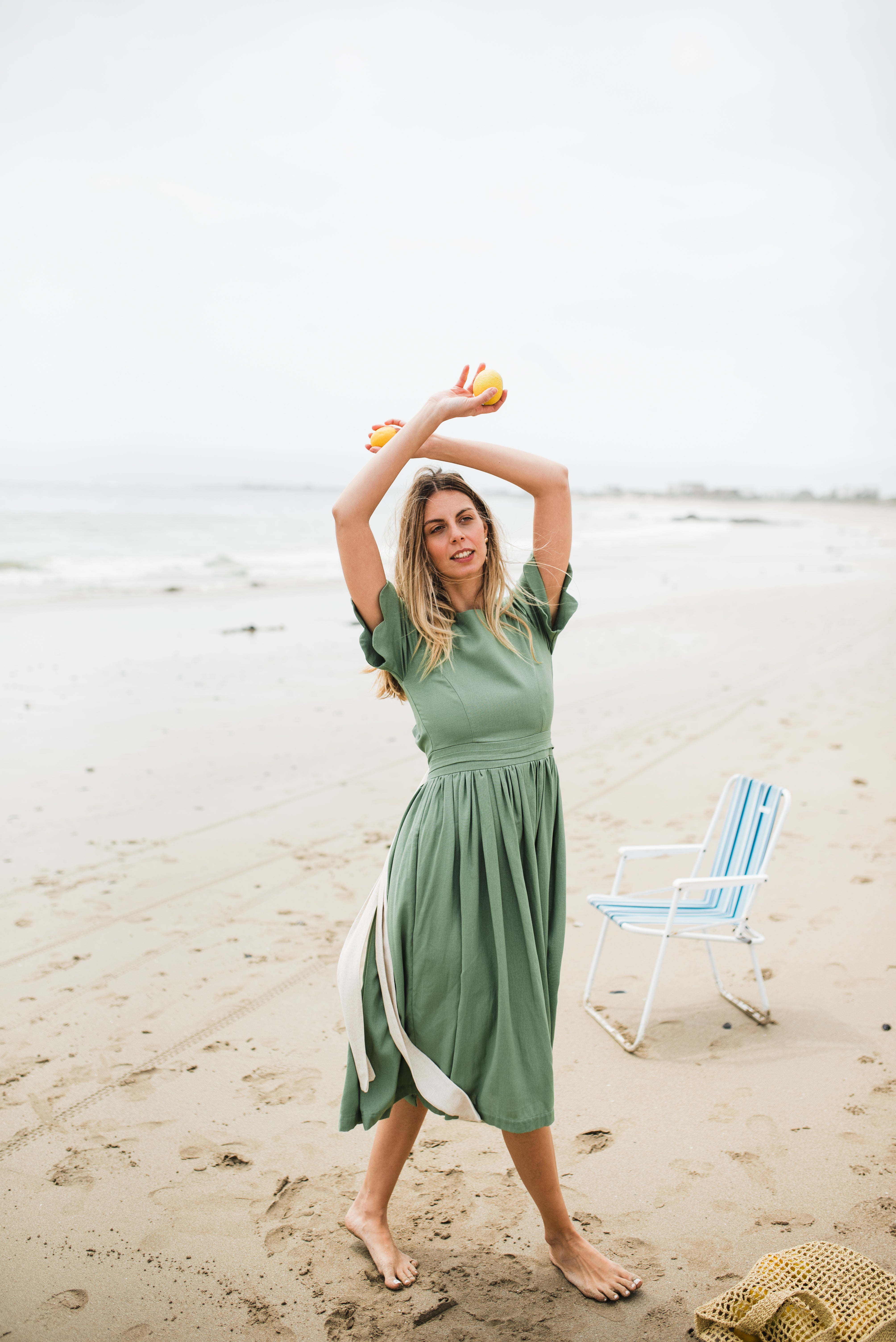 Wild Olive Open Back Scallop Dress — Olive Green with Oatmeal Tie