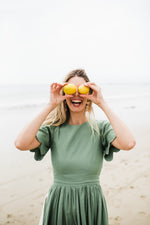Wild Olive Open Back Scallop Dress — Olive Green with Oatmeal Tie