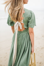 Wild Olive Open Back Scallop Dress — Olive Green with Oatmeal Tie