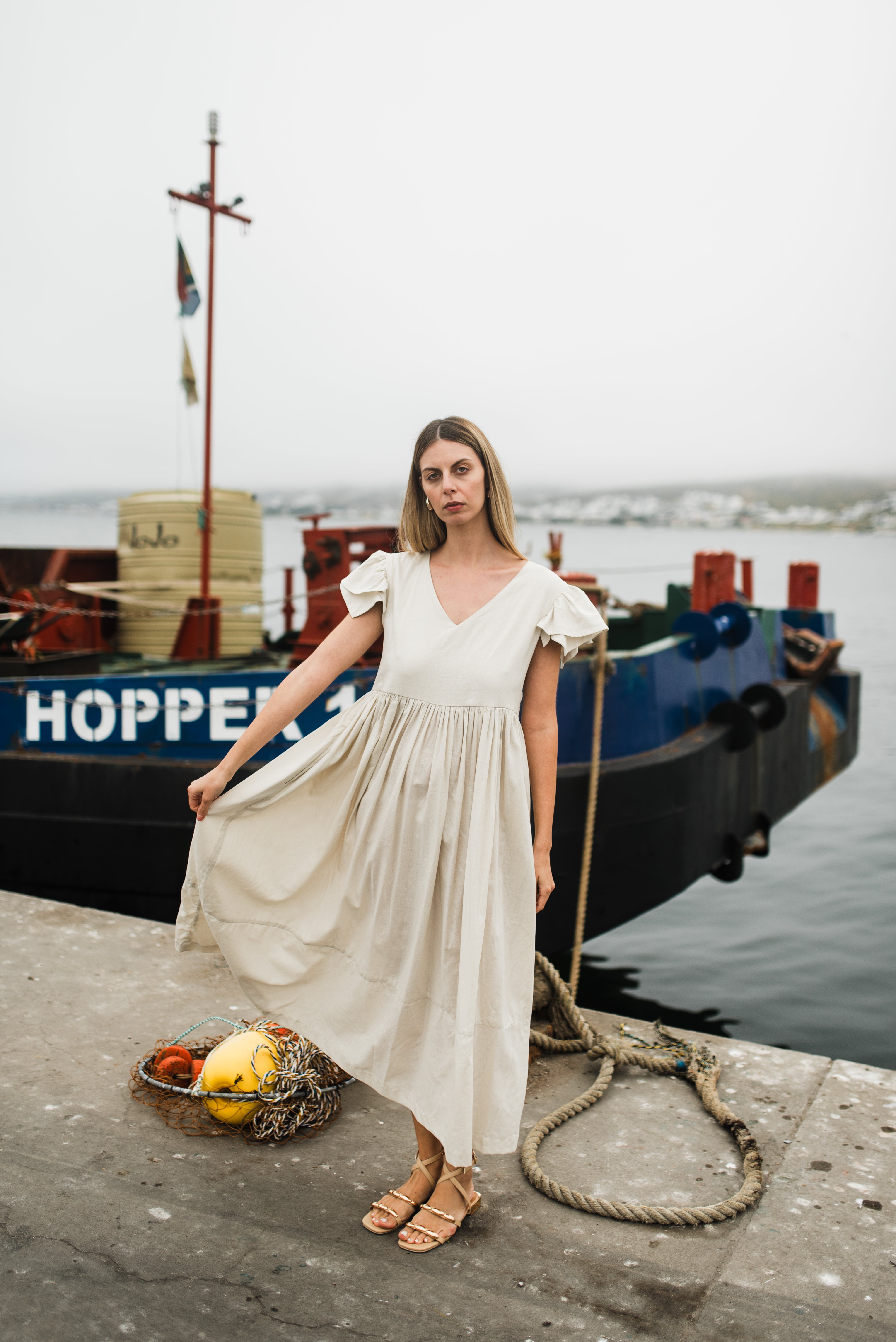 Driftwood Dawn Frill Sleeve Dress — Stone Cotton Linen