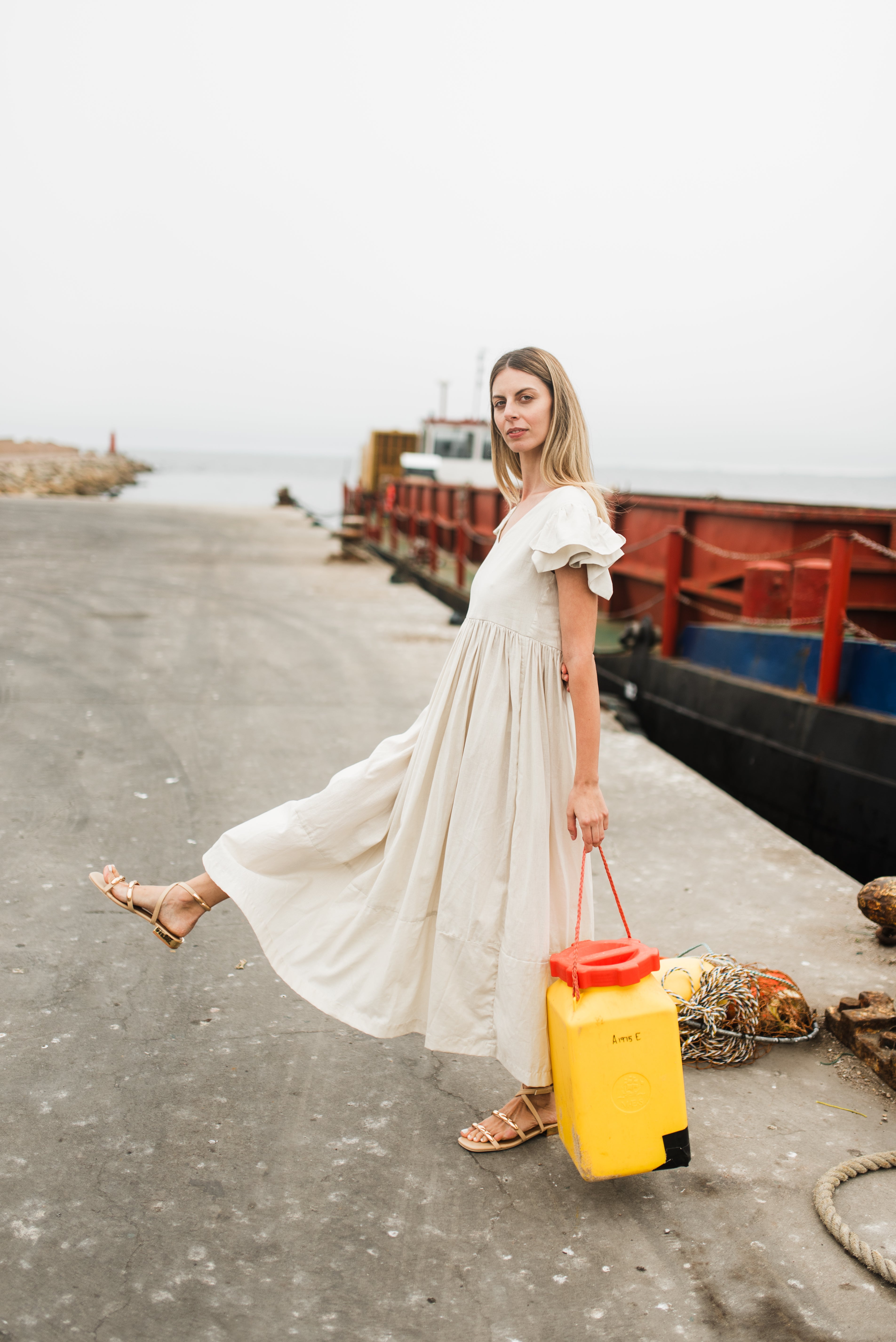 Driftwood Dawn Frill Sleeve Dress — Stone Cotton Linen