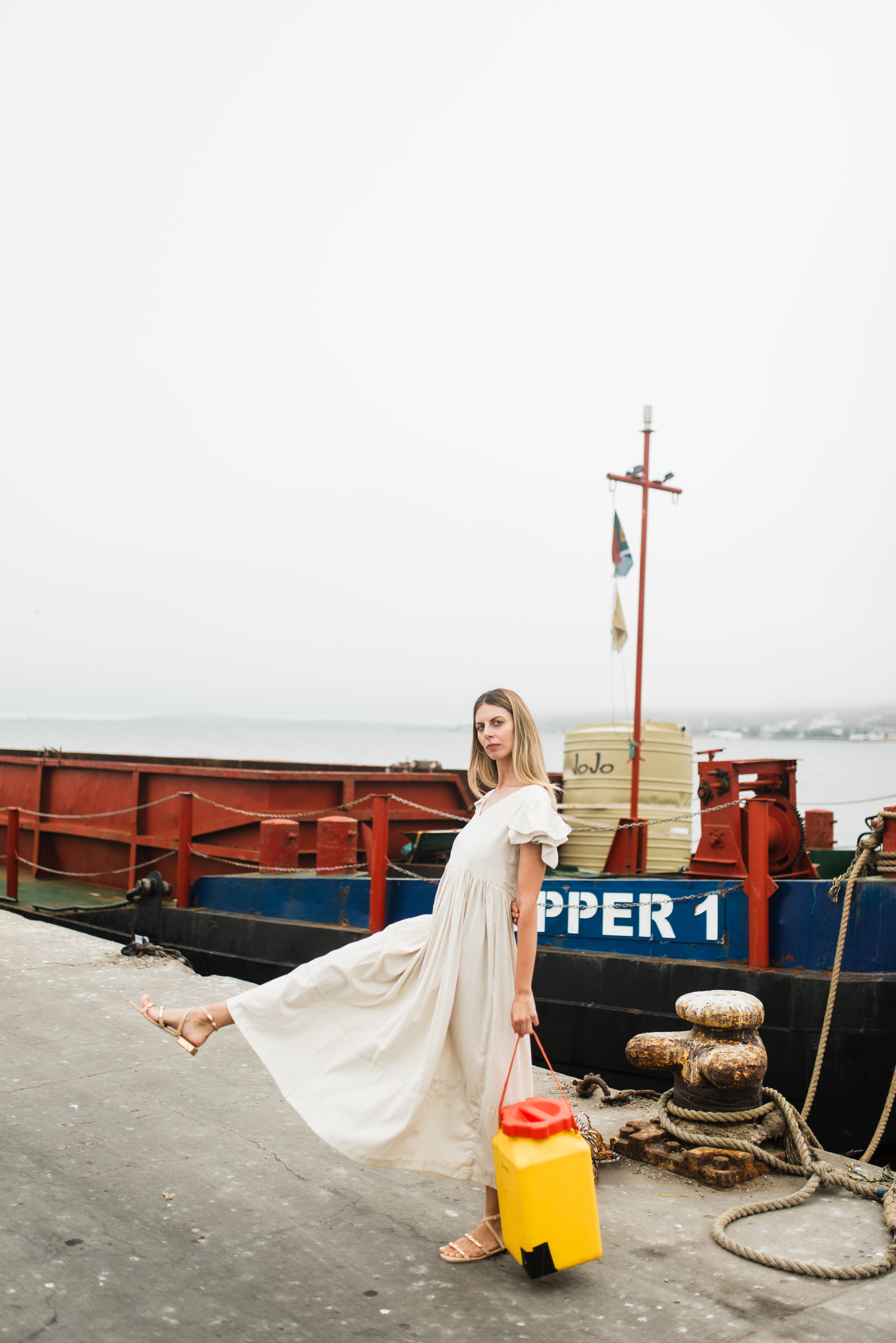 Driftwood Dawn Frill Sleeve Dress — Stone Cotton Linen