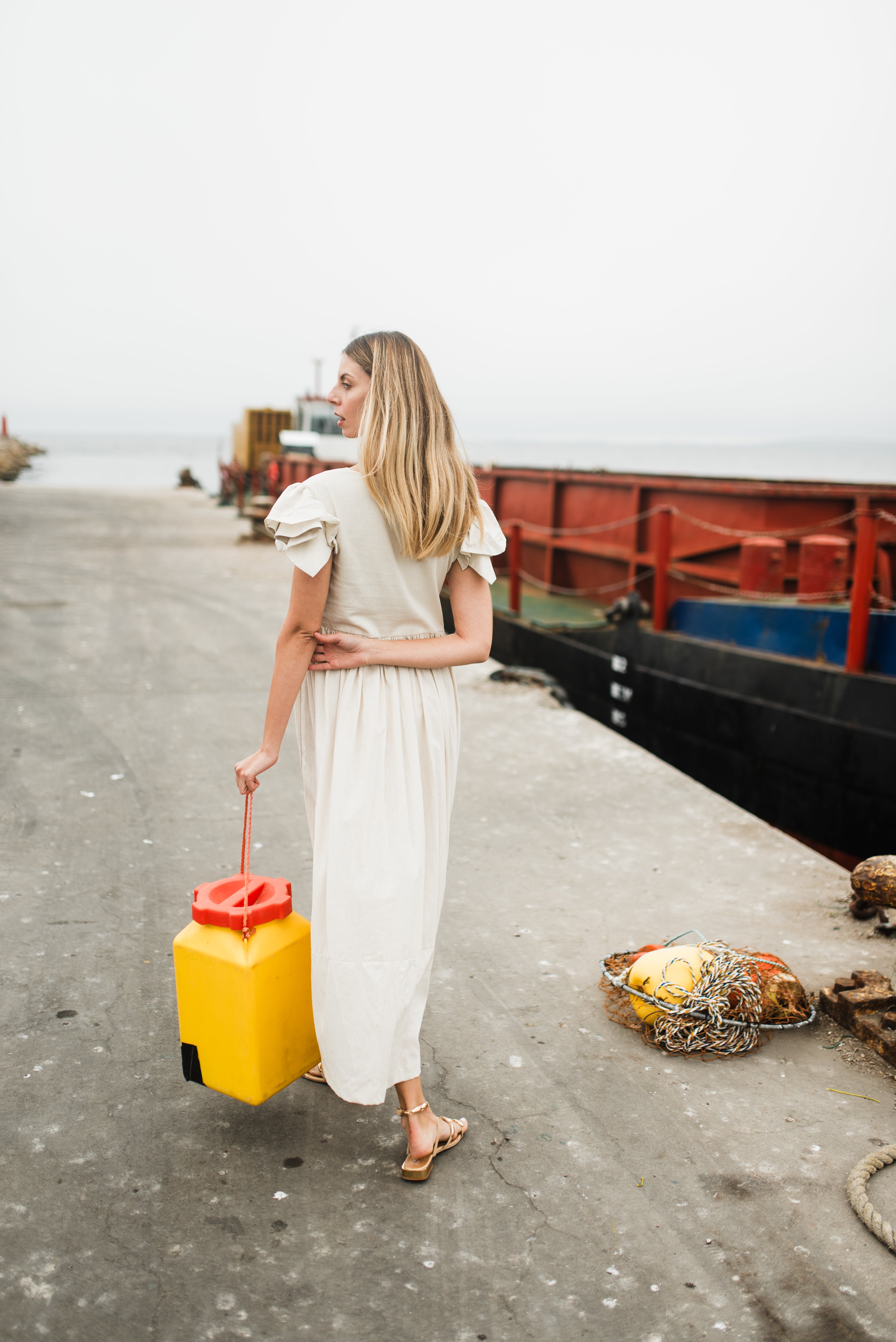 Driftwood Dawn Frill Sleeve Dress — Stone Cotton Linen