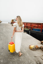 Driftwood Dawn Frill Sleeve Dress — Stone Cotton Linen