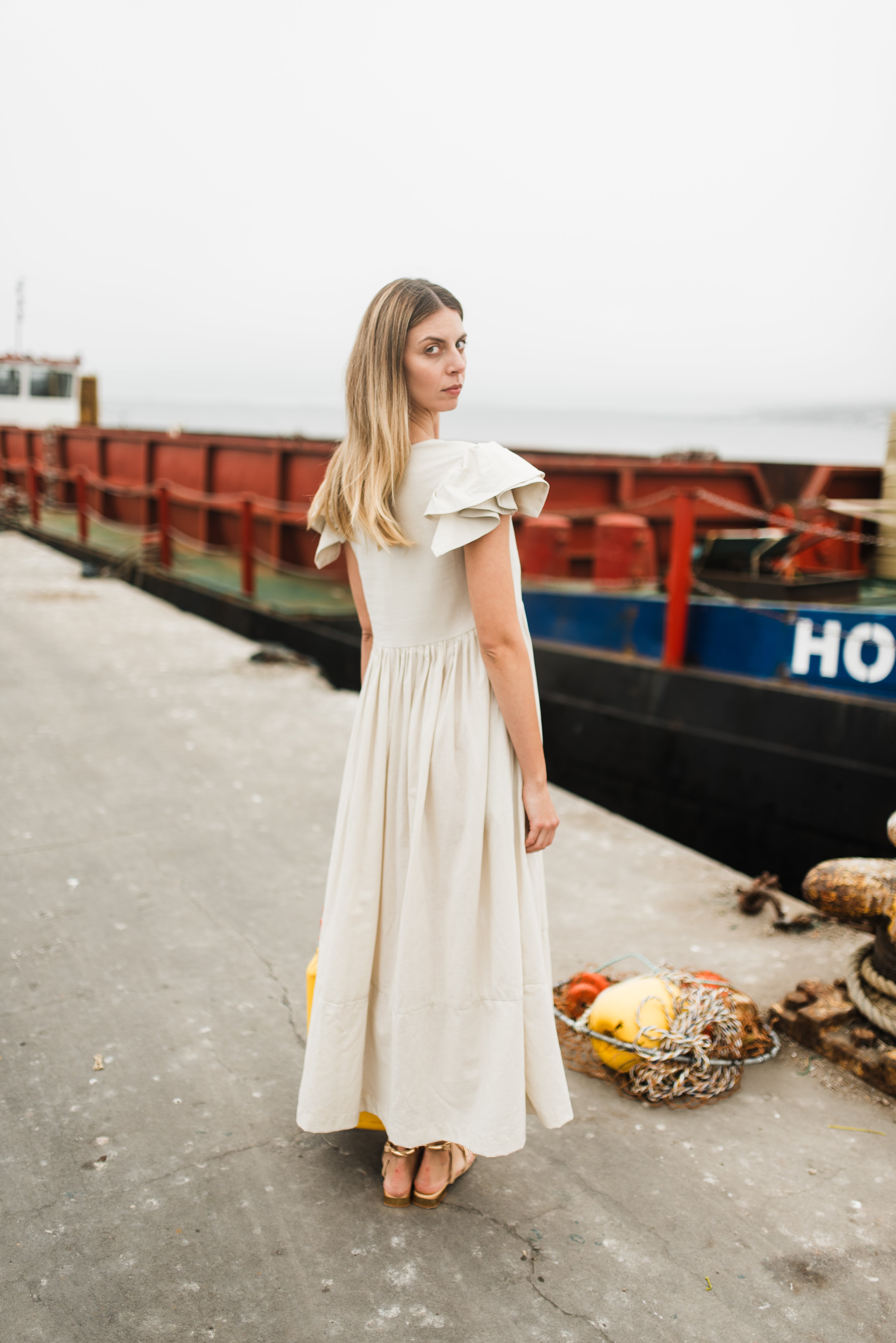 Driftwood Dawn Frill Sleeve Dress — Stone Cotton Linen