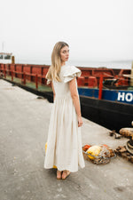 Driftwood Dawn Frill Sleeve Dress — Stone Cotton Linen