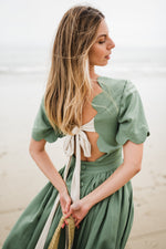 Wild Olive Open Back Scallop Dress — Olive Green with Oatmeal Tie