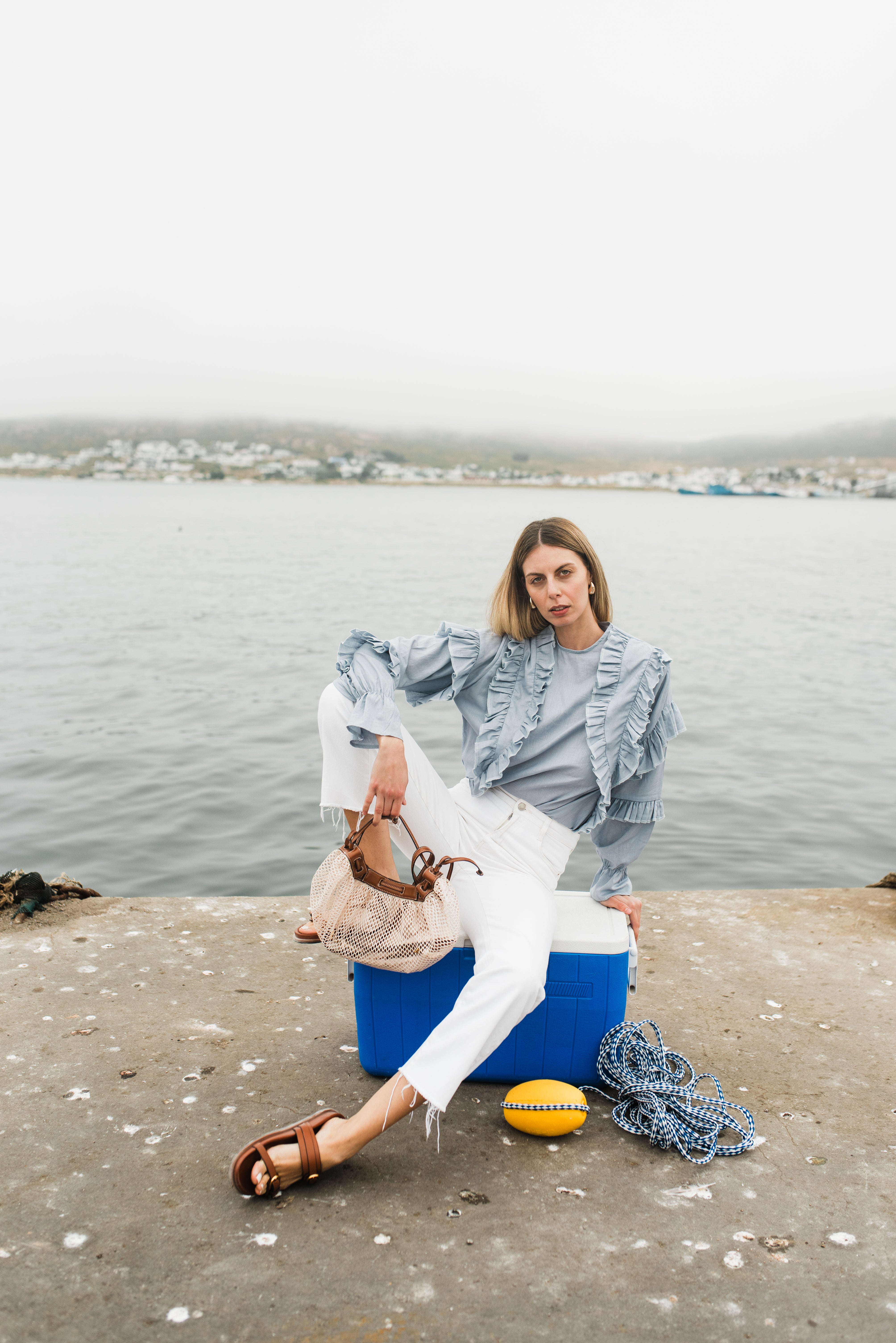 Skyfold Frill Top — Misty Blue Cotton Linen