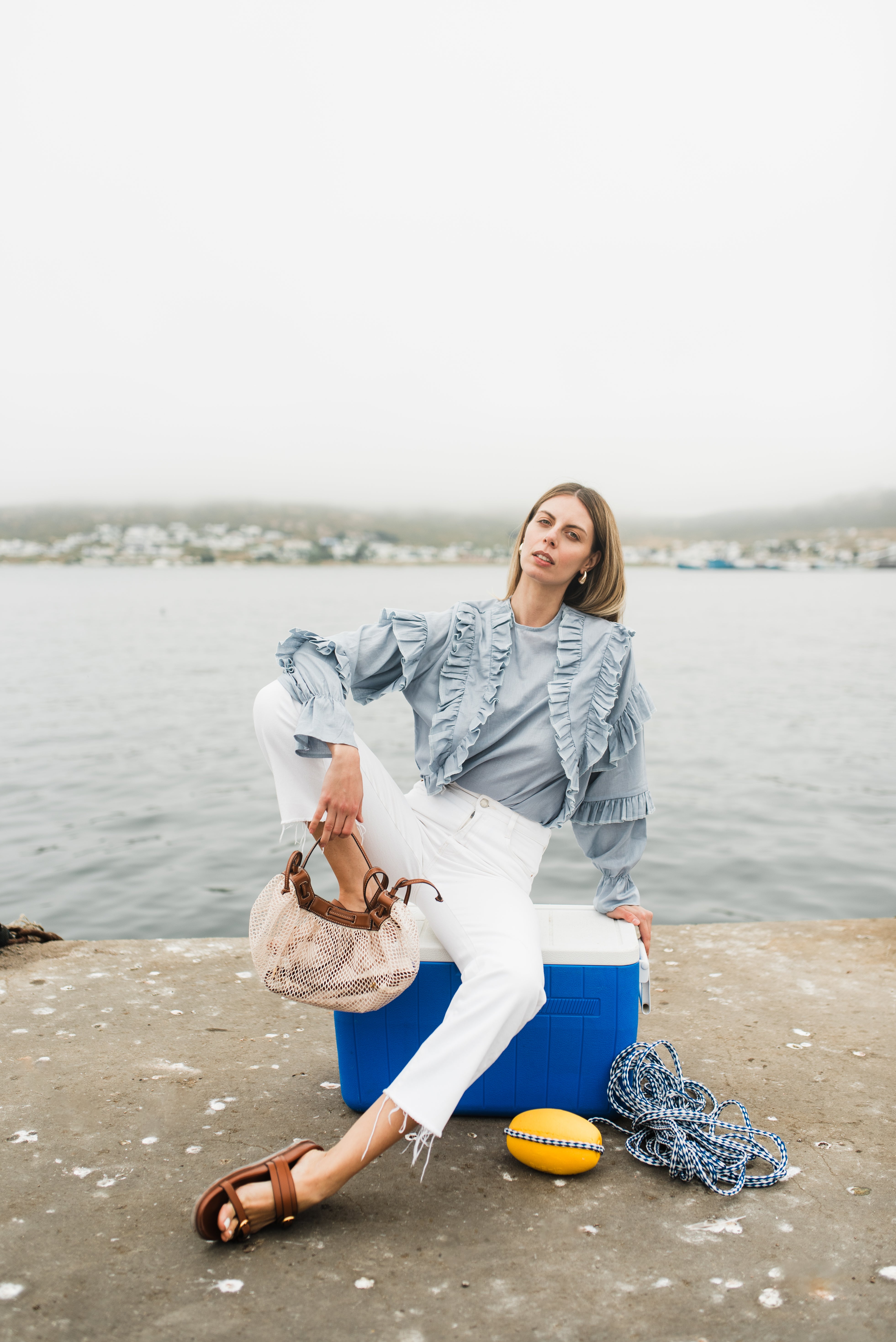 Skyfold Frill Top — Misty Blue Cotton Linen