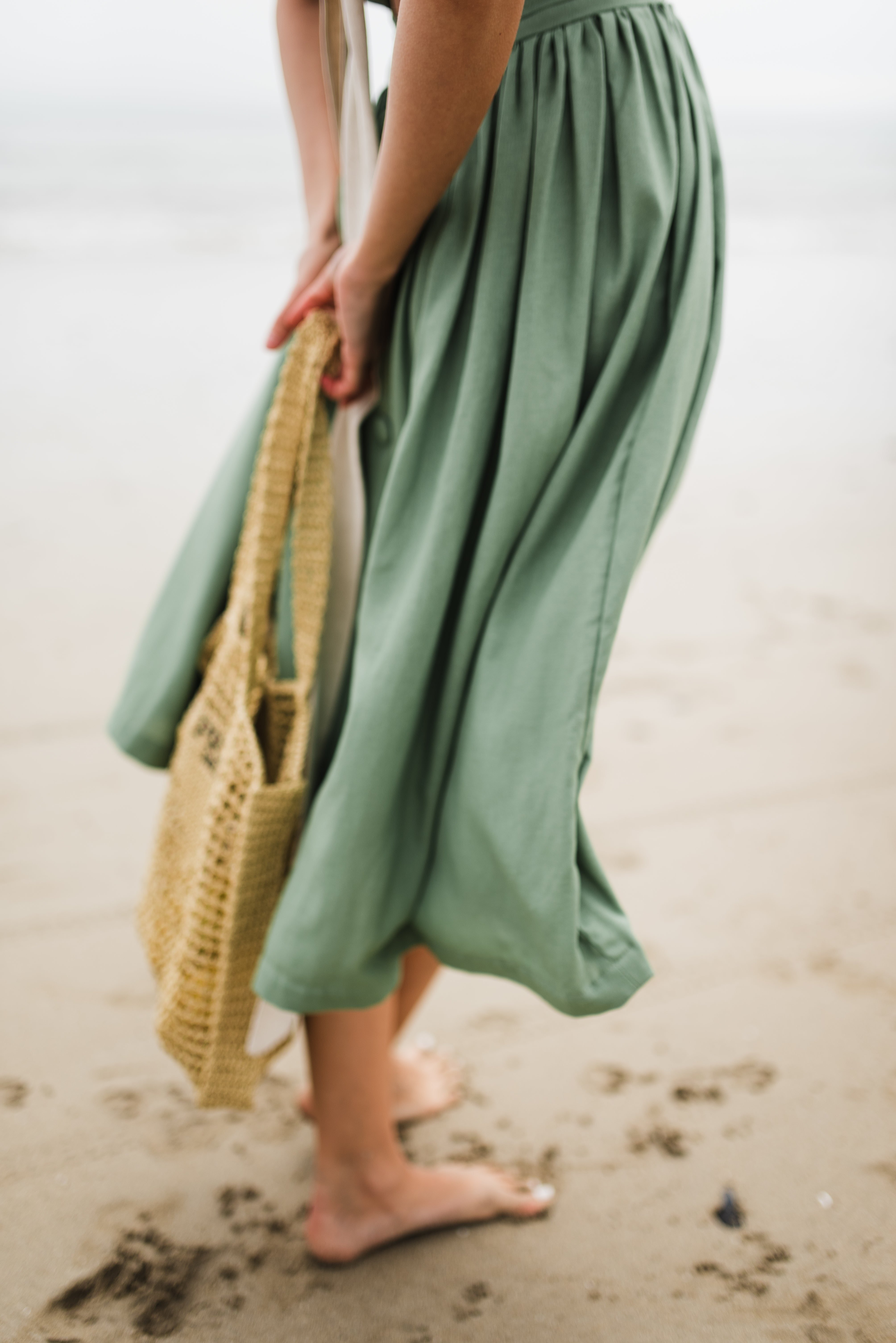 Wild Olive Open Back Scallop Dress — Olive Green with Oatmeal Tie