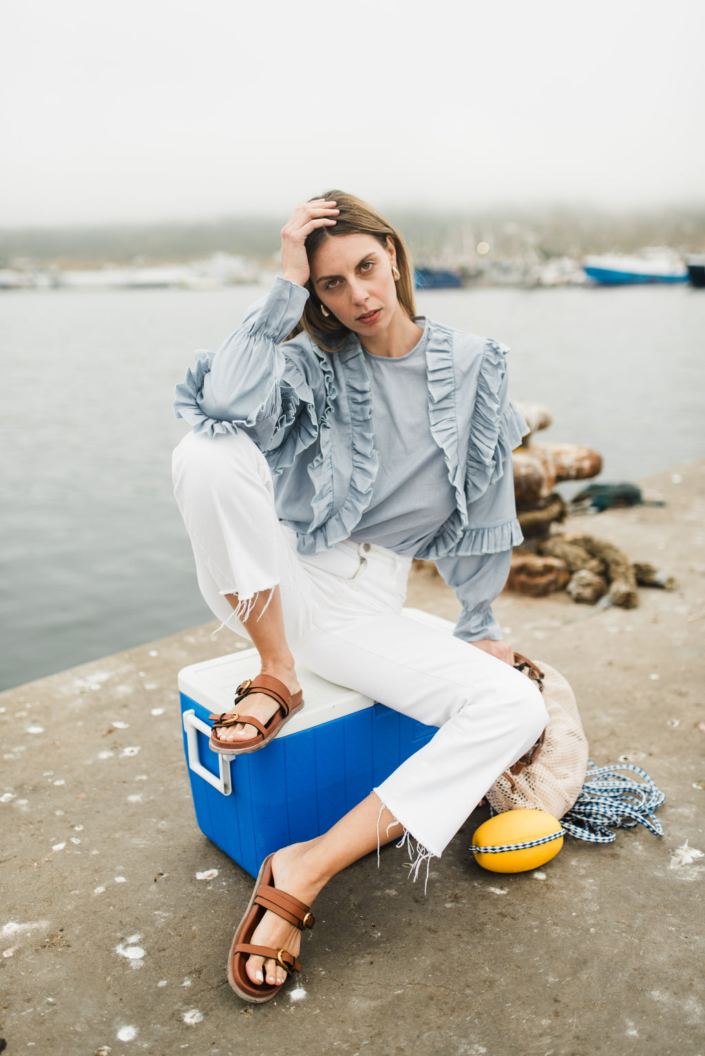 Skyfold Frill Top — Misty Blue Cotton Linen