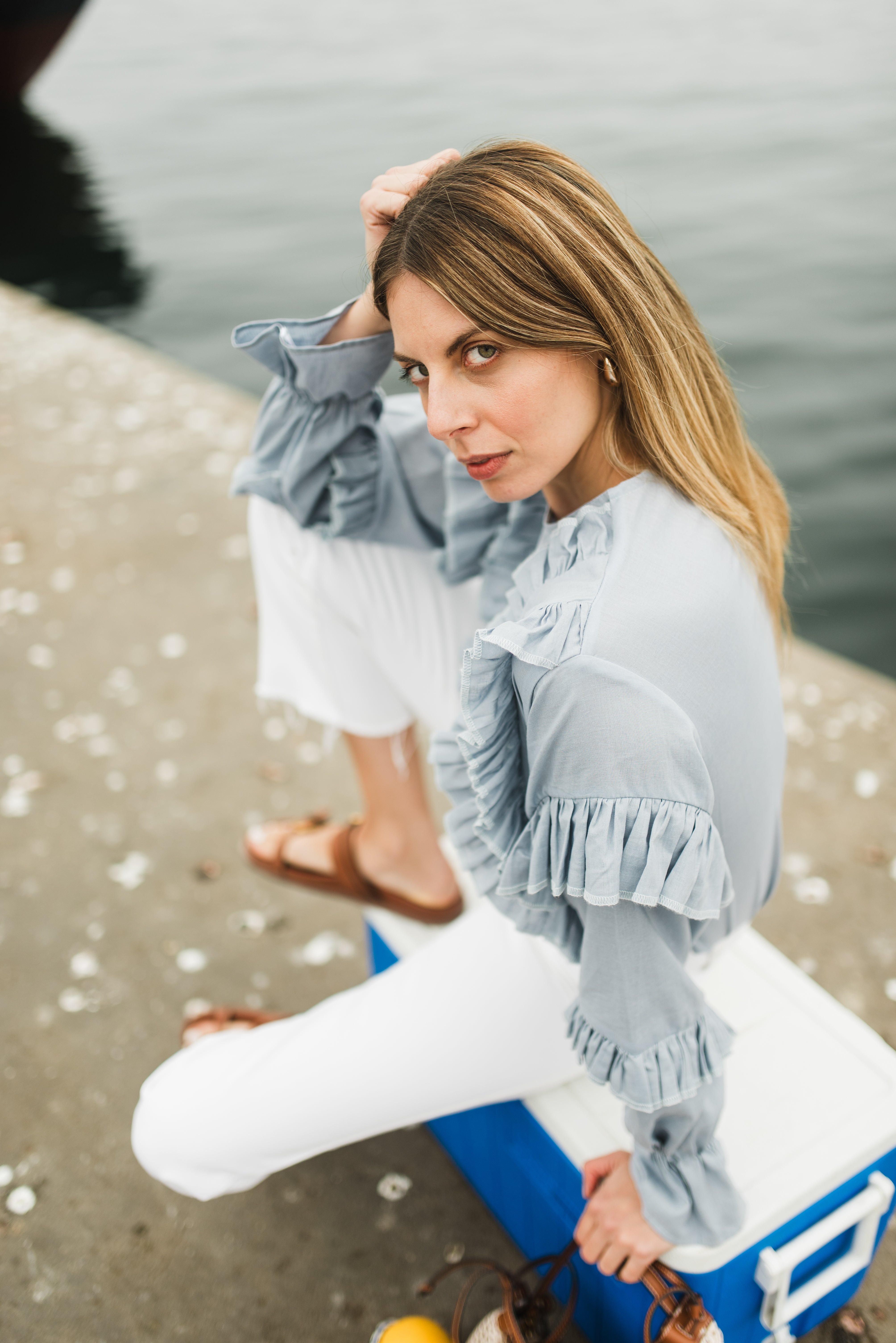 Skyfold Frill Top — Misty Blue Cotton Linen