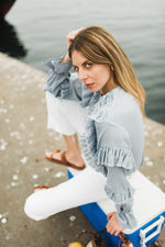 Skyfold Frill Top — Misty Blue Cotton Linen