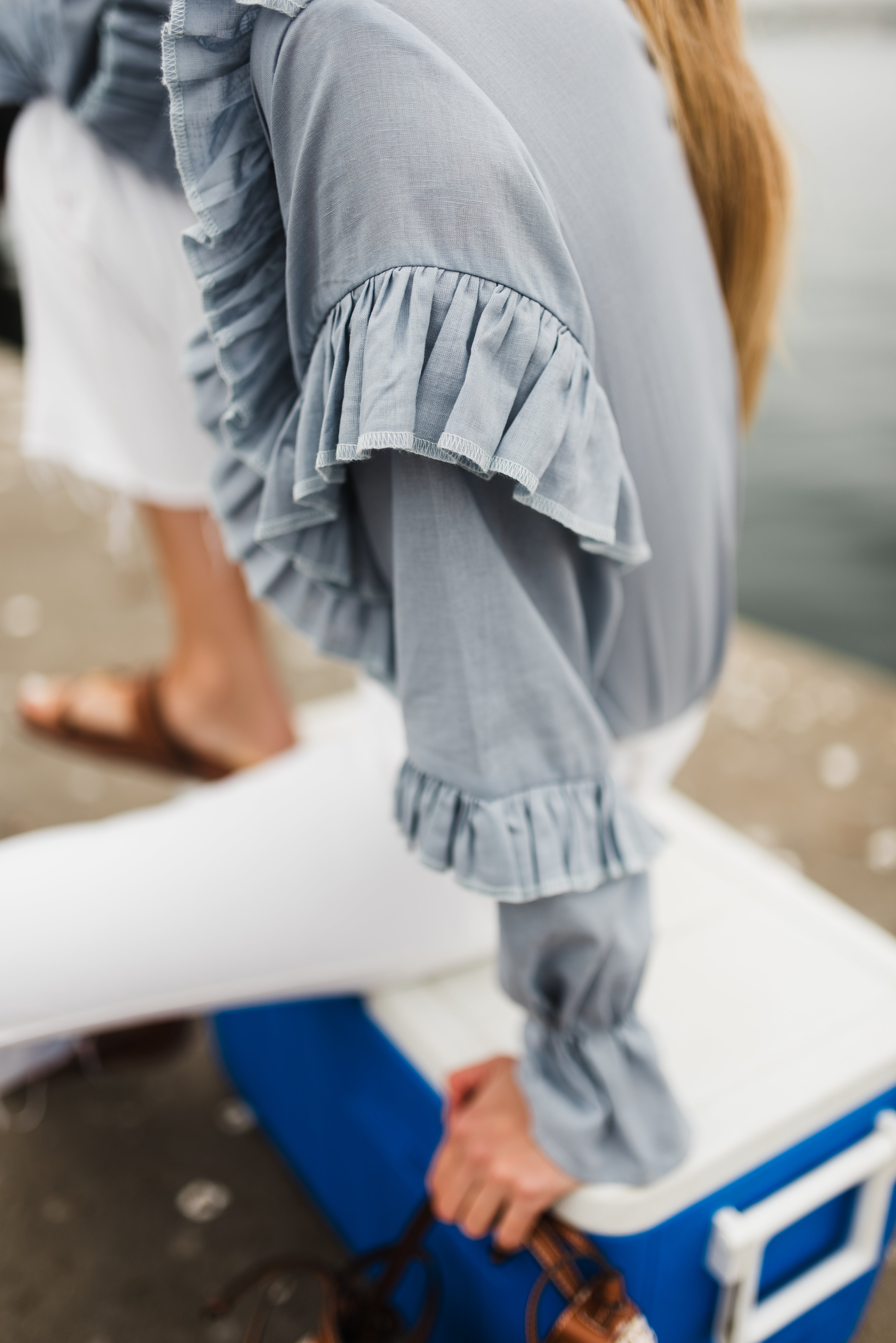 Skyfold Frill Top — Misty Blue Cotton Linen