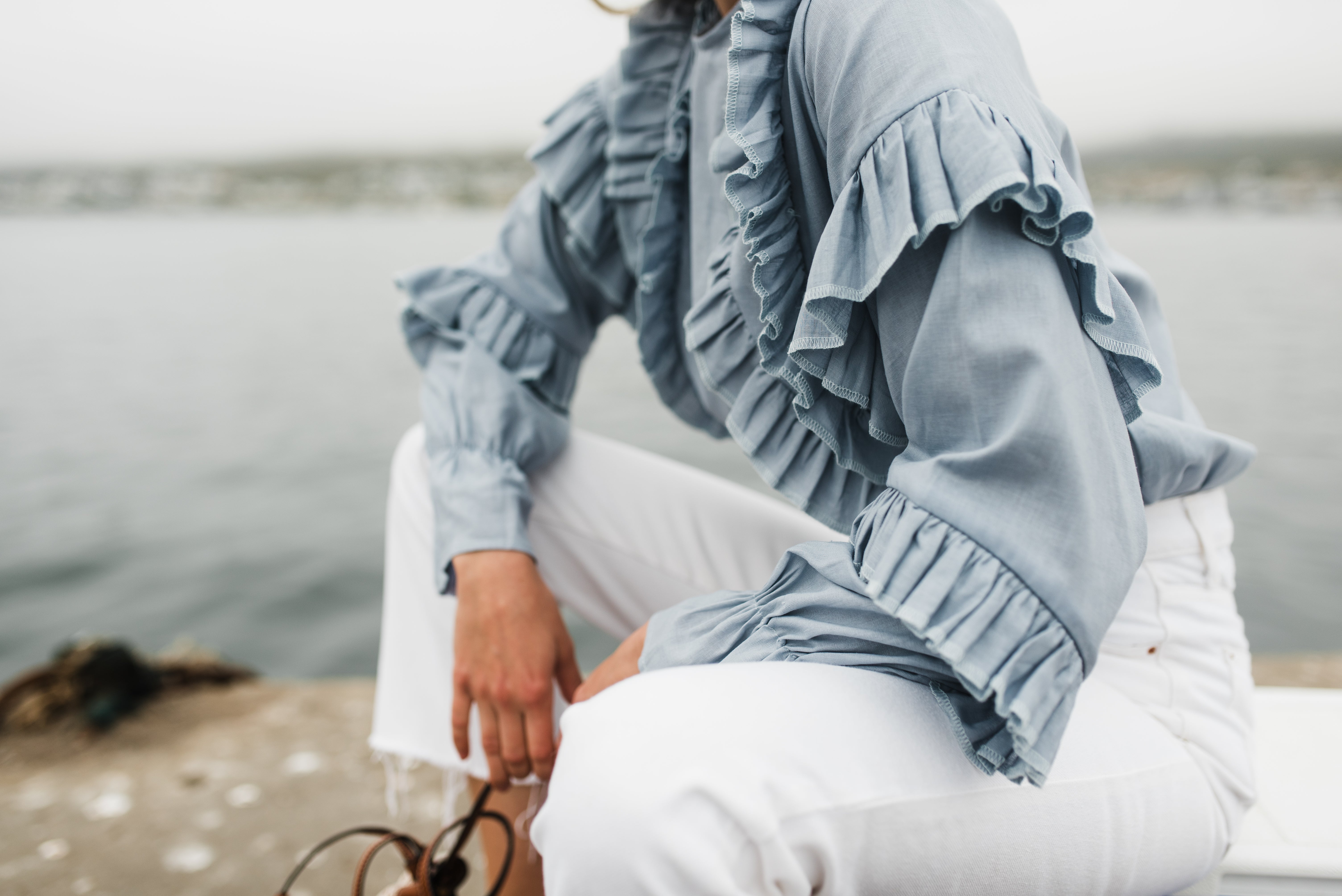 Skyfold Frill Top — Misty Blue Cotton Linen