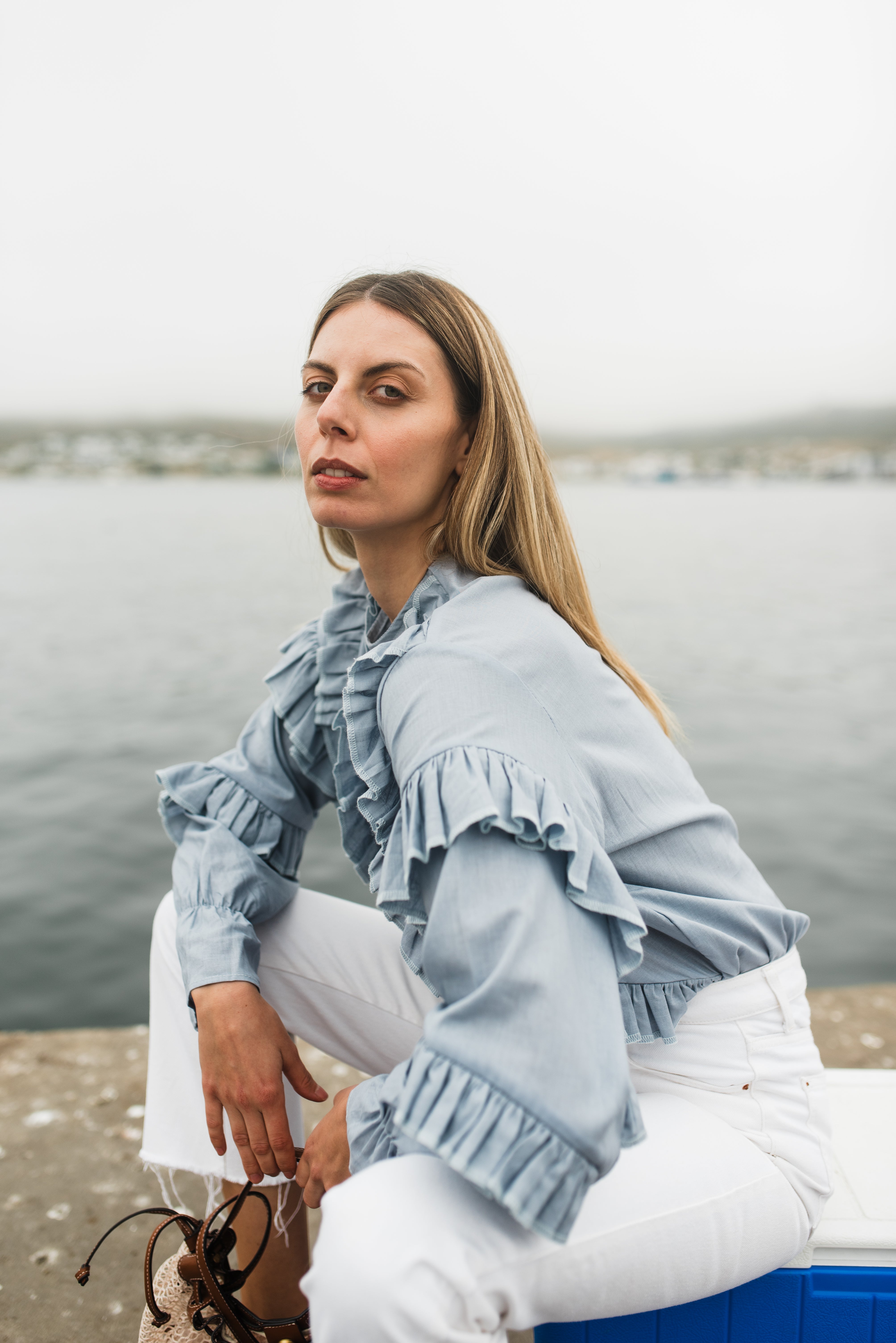 Skyfold Frill Top — Misty Blue Cotton Linen