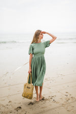 Wild Olive Open Back Scallop Dress — Olive Green with Oatmeal Tie