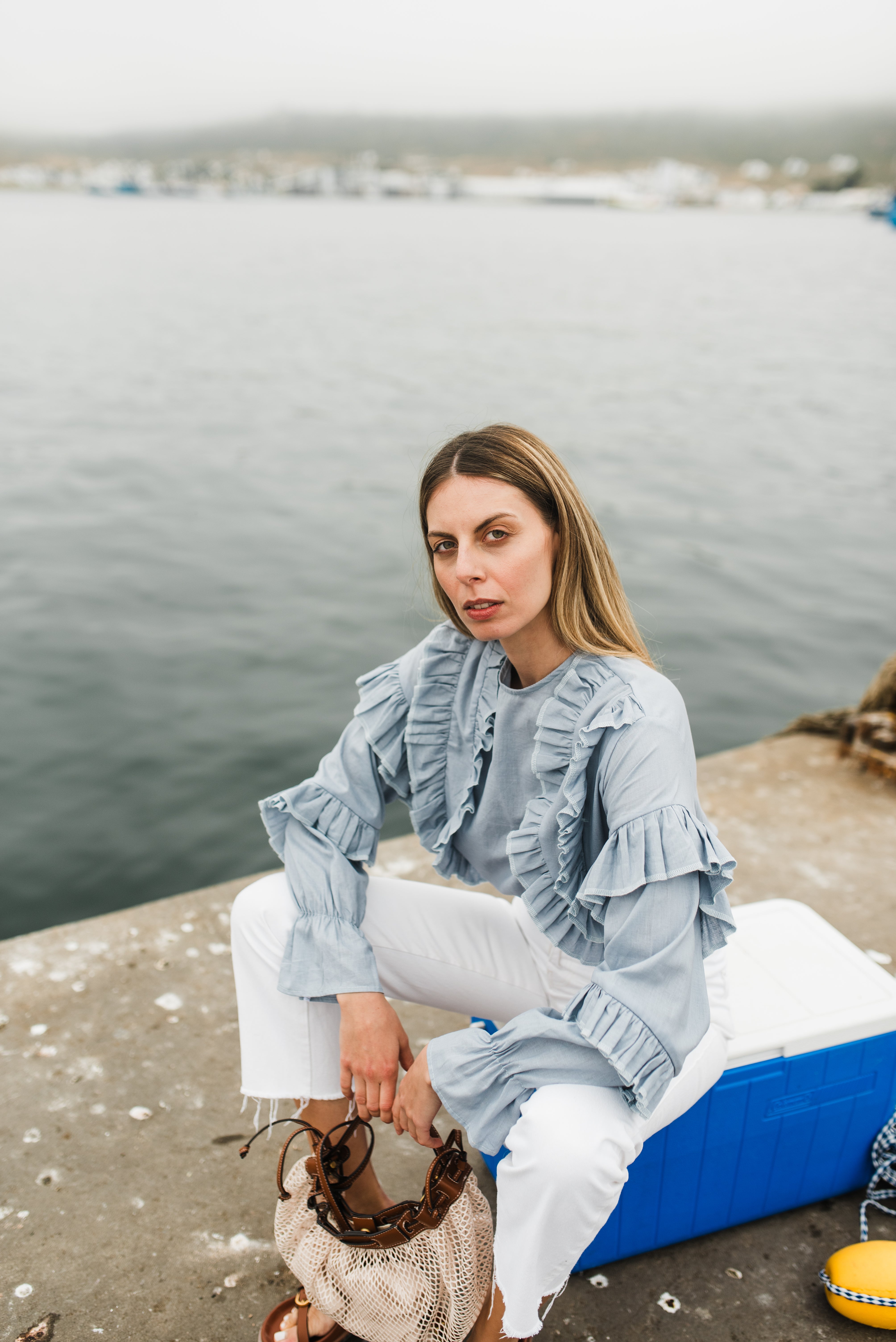 Skyfold Frill Top — Misty Blue Cotton Linen