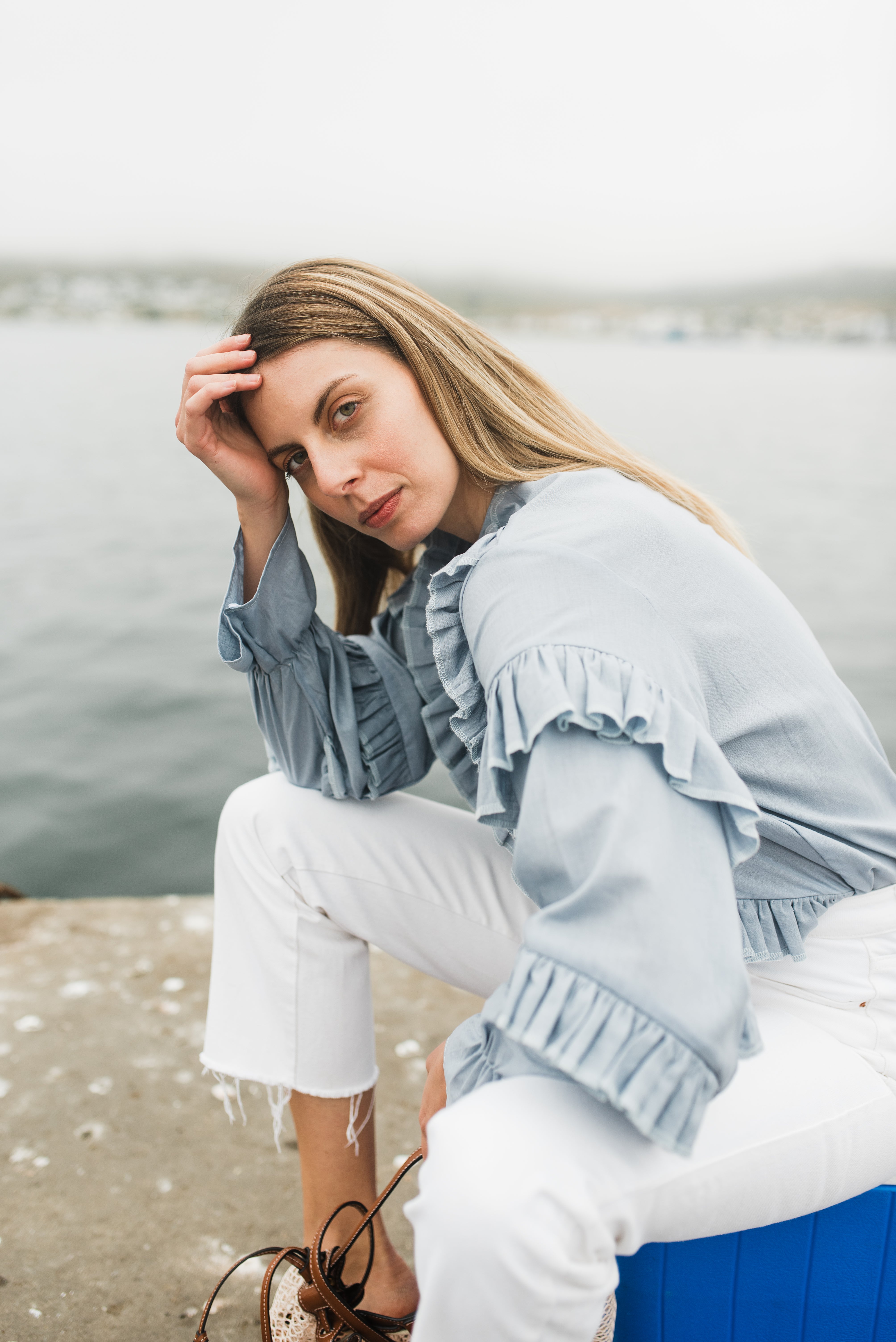 Skyfold Frill Top — Misty Blue Cotton Linen