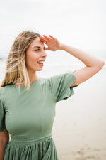 Wild Olive Open Back Scallop Dress — Olive Green with Oatmeal Tie