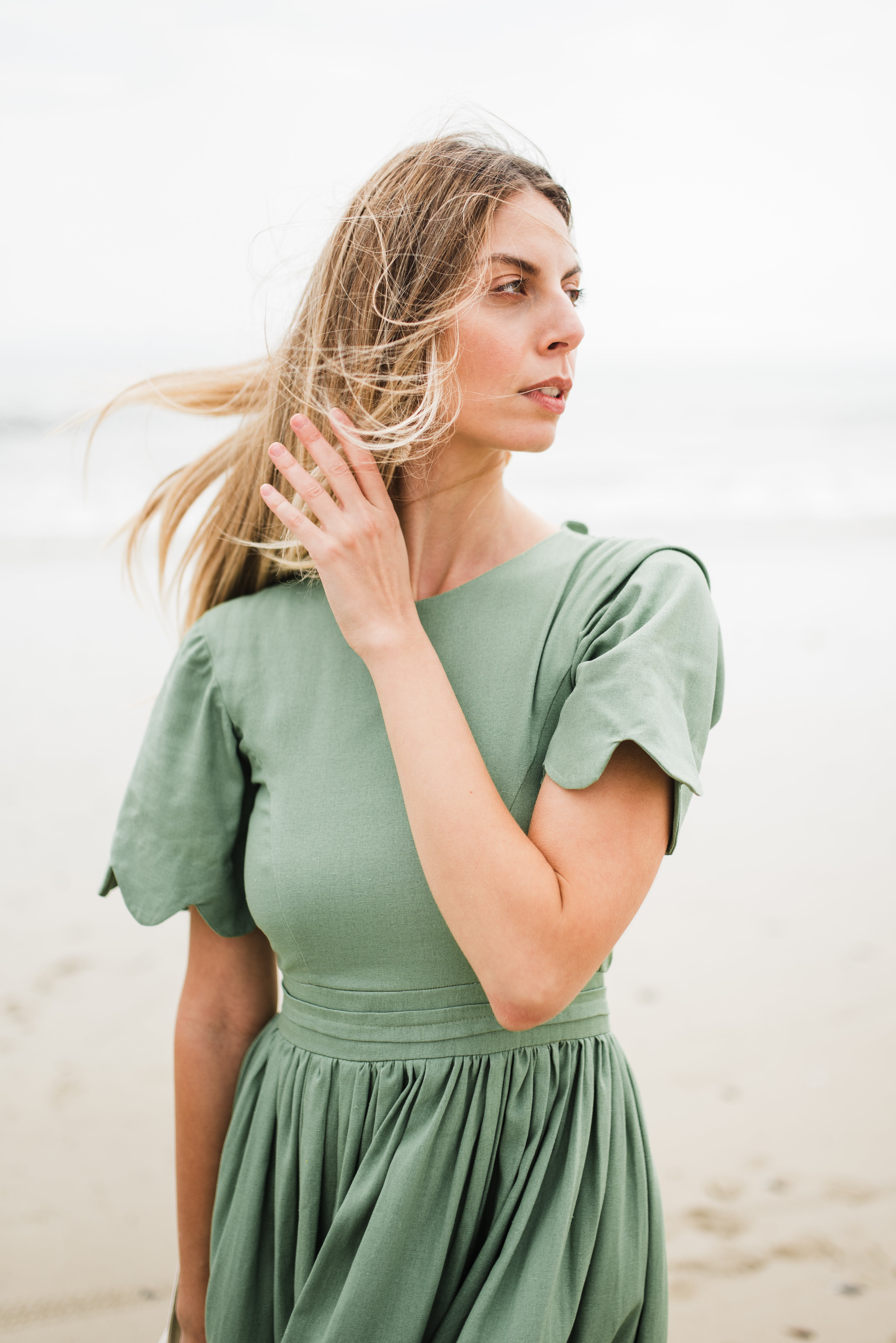 Wild Olive Open Back Scallop Dress — Olive Green with Oatmeal Tie