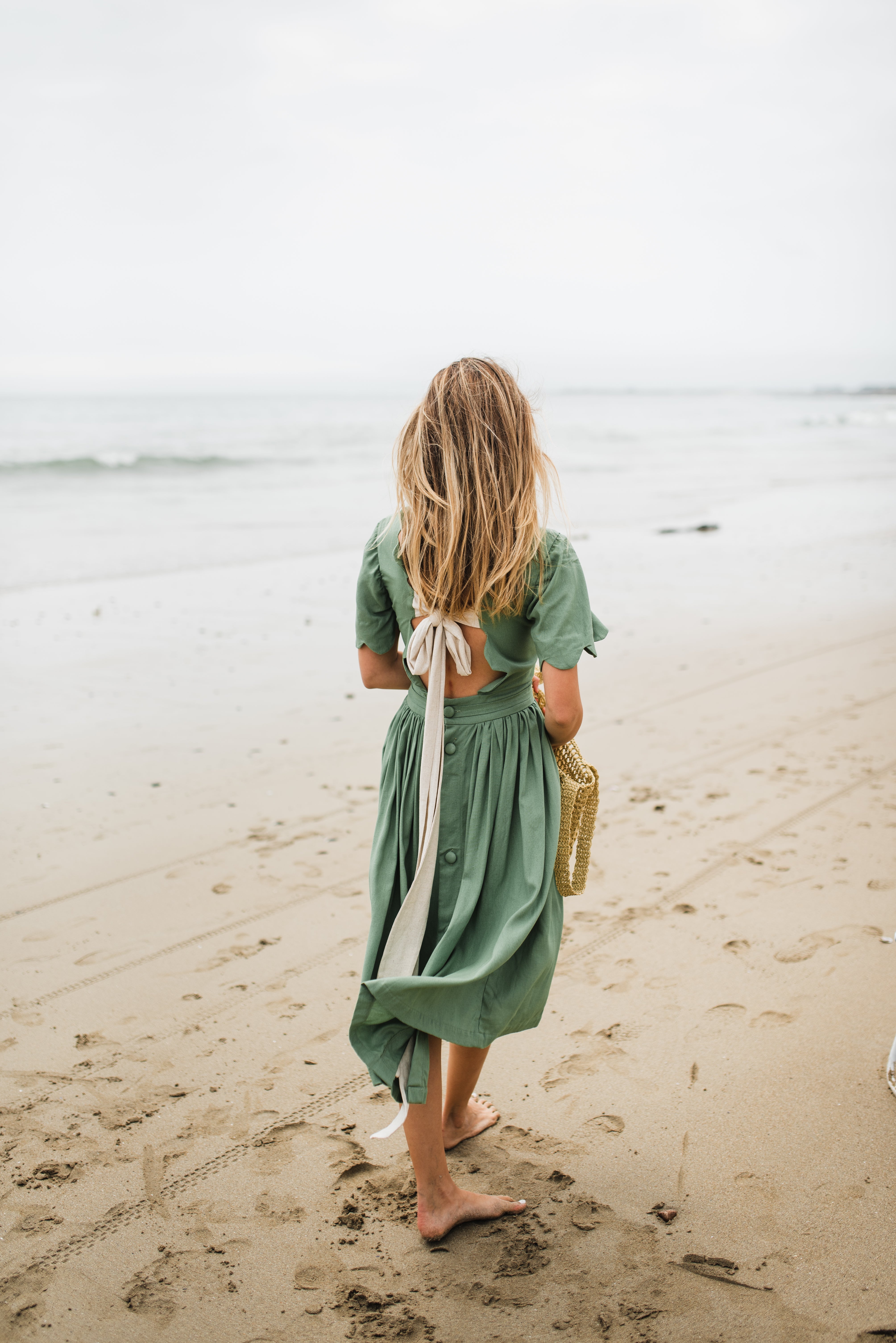 Wild Olive Open Back Scallop Dress — Olive Green with Oatmeal Tie