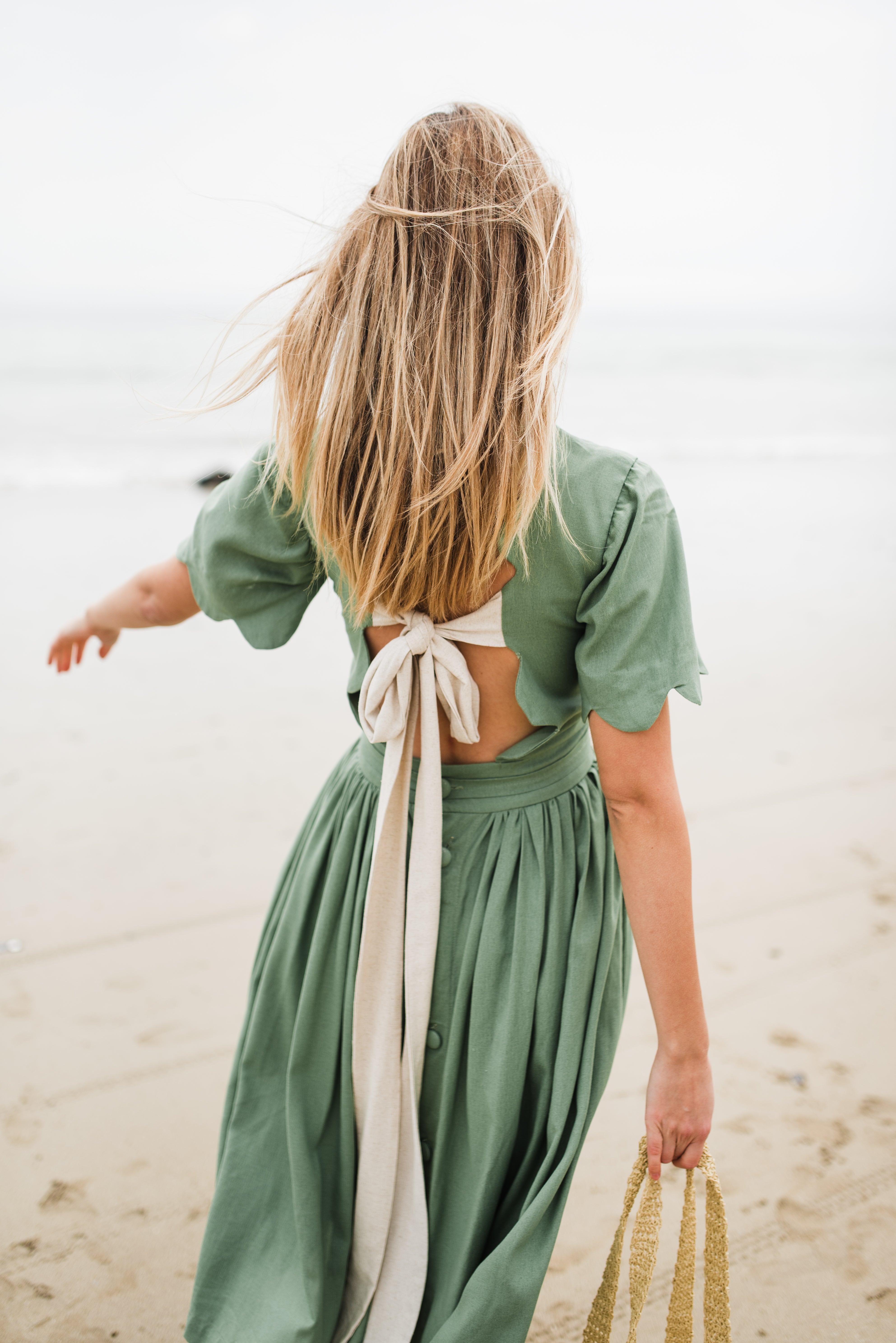 Wild Olive Open Back Scallop Dress — Olive Green with Oatmeal Tie
