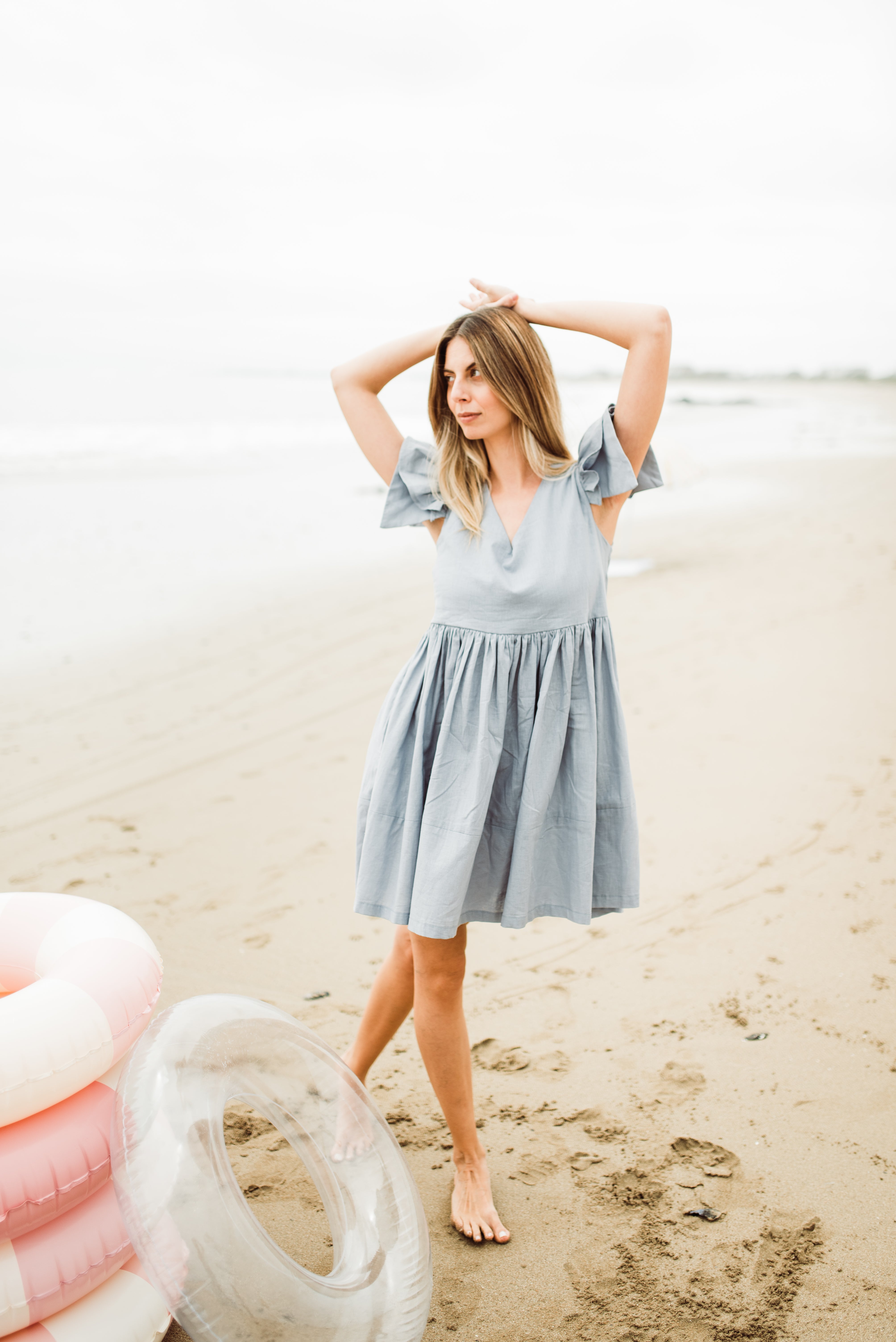 Morning Mist Frill Sleeve Dress  — Misty Blue