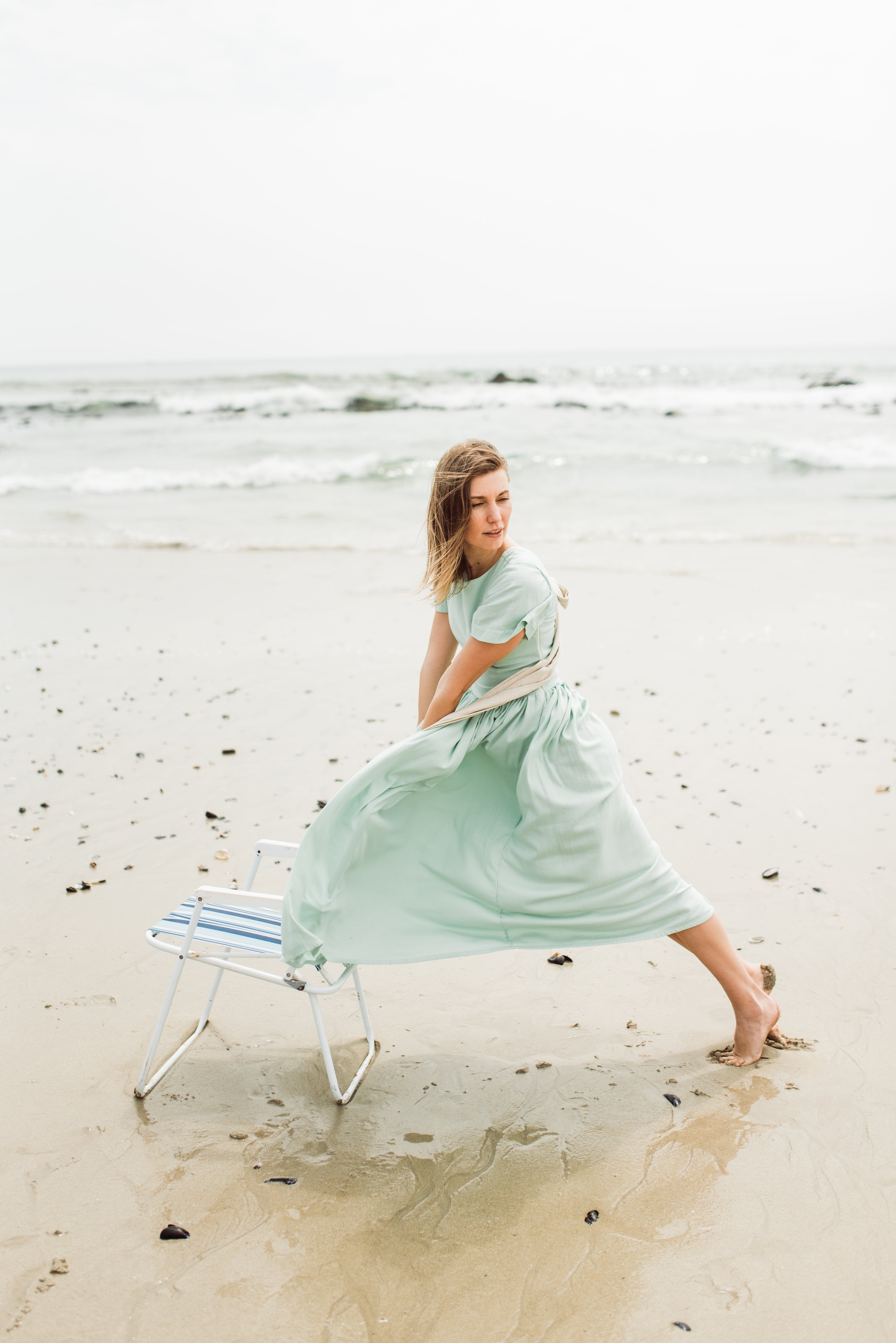 Morning Mist Closed Back Dress — Pistachio with Oatmeal Tie