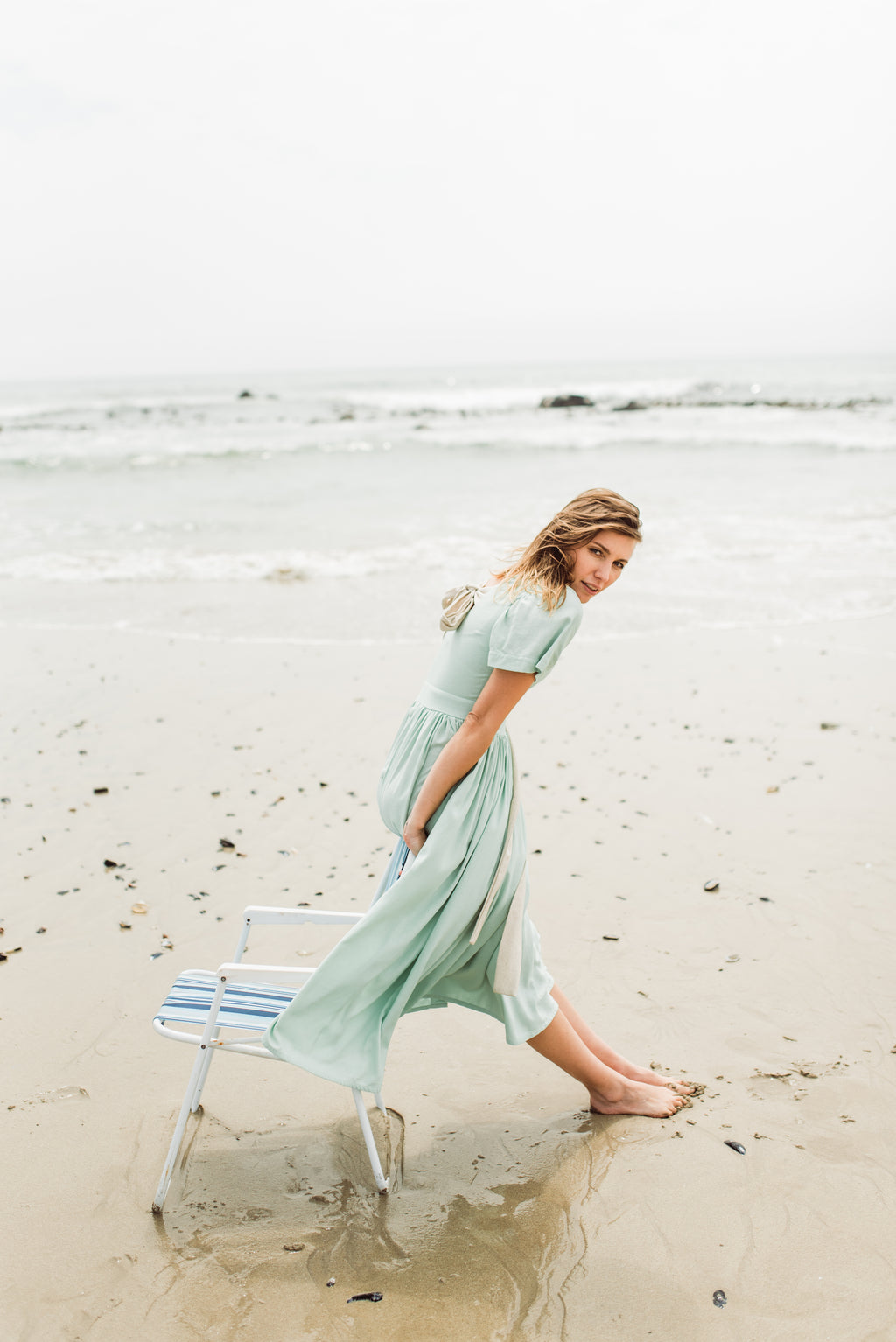 Morning Mist Closed Back Dress — Pistachio with Oatmeal Tie