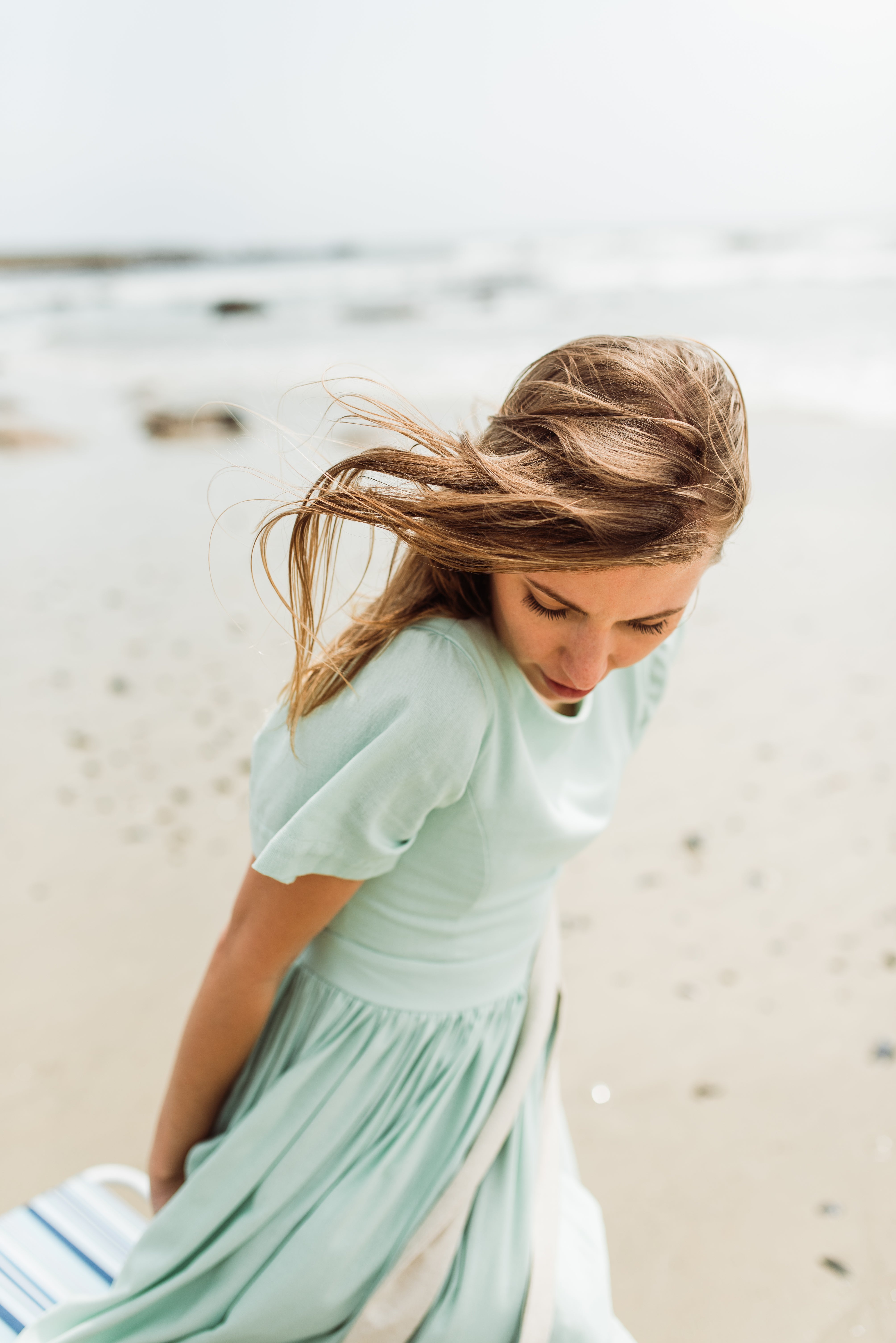 Morning Mist Closed Back Dress — Pistachio with Oatmeal Tie