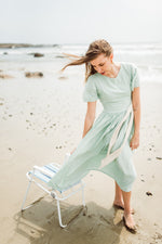 Morning Mist Closed Back Dress — Pistachio with Oatmeal Tie