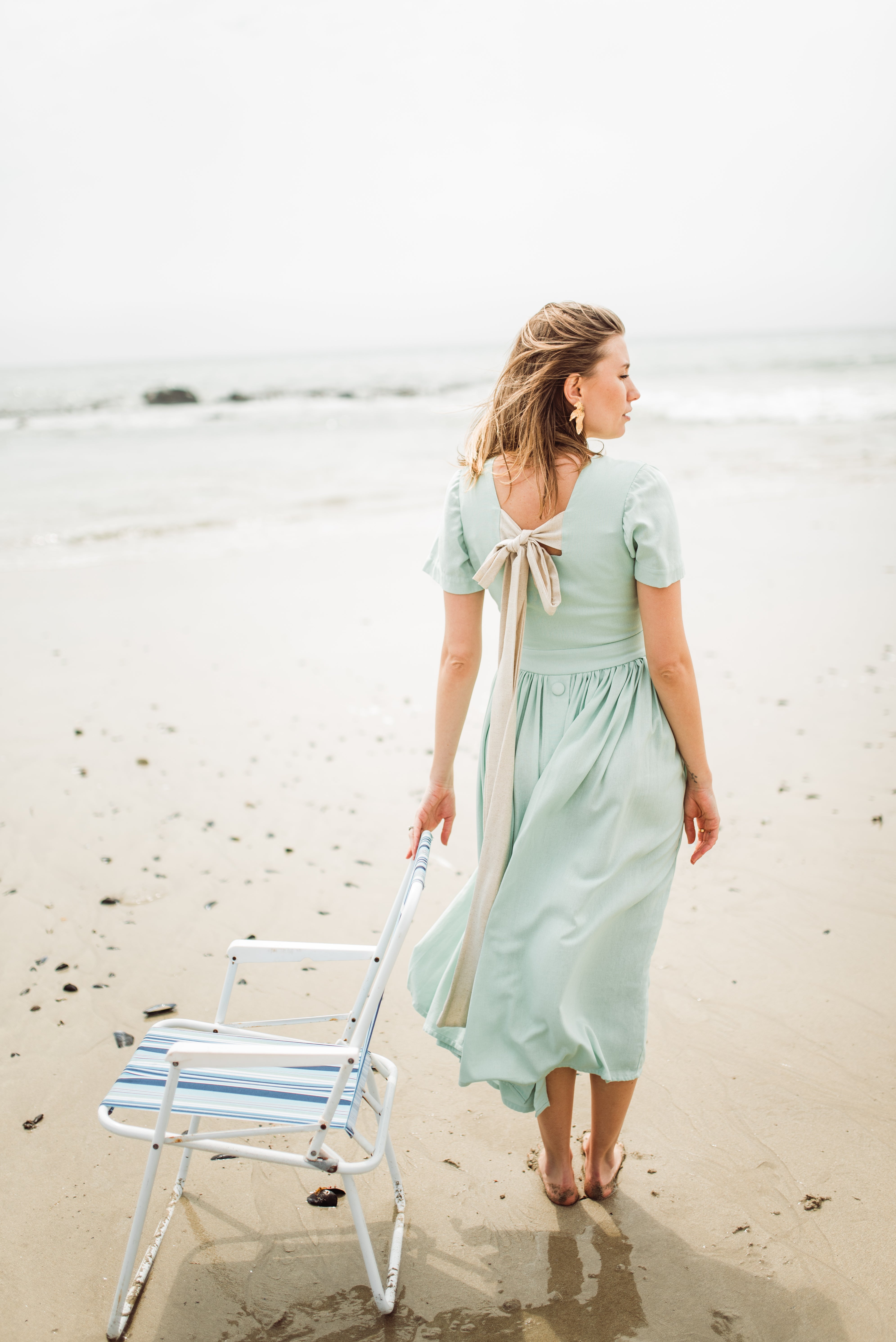 Morning Mist Closed Back Dress — Pistachio with Oatmeal Tie