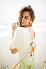 Lemon Meadow Scallop Open Back Dress — Butter Yellow with Oatmeal Tie