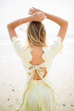 Lemon Meadow Scallop Open Back Dress — Butter Yellow with Oatmeal Tie