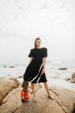 Midnight Solace Open Back Dress — Black with Oatmeal ties