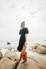 Midnight Solace Open Back Dress — Black with Oatmeal ties